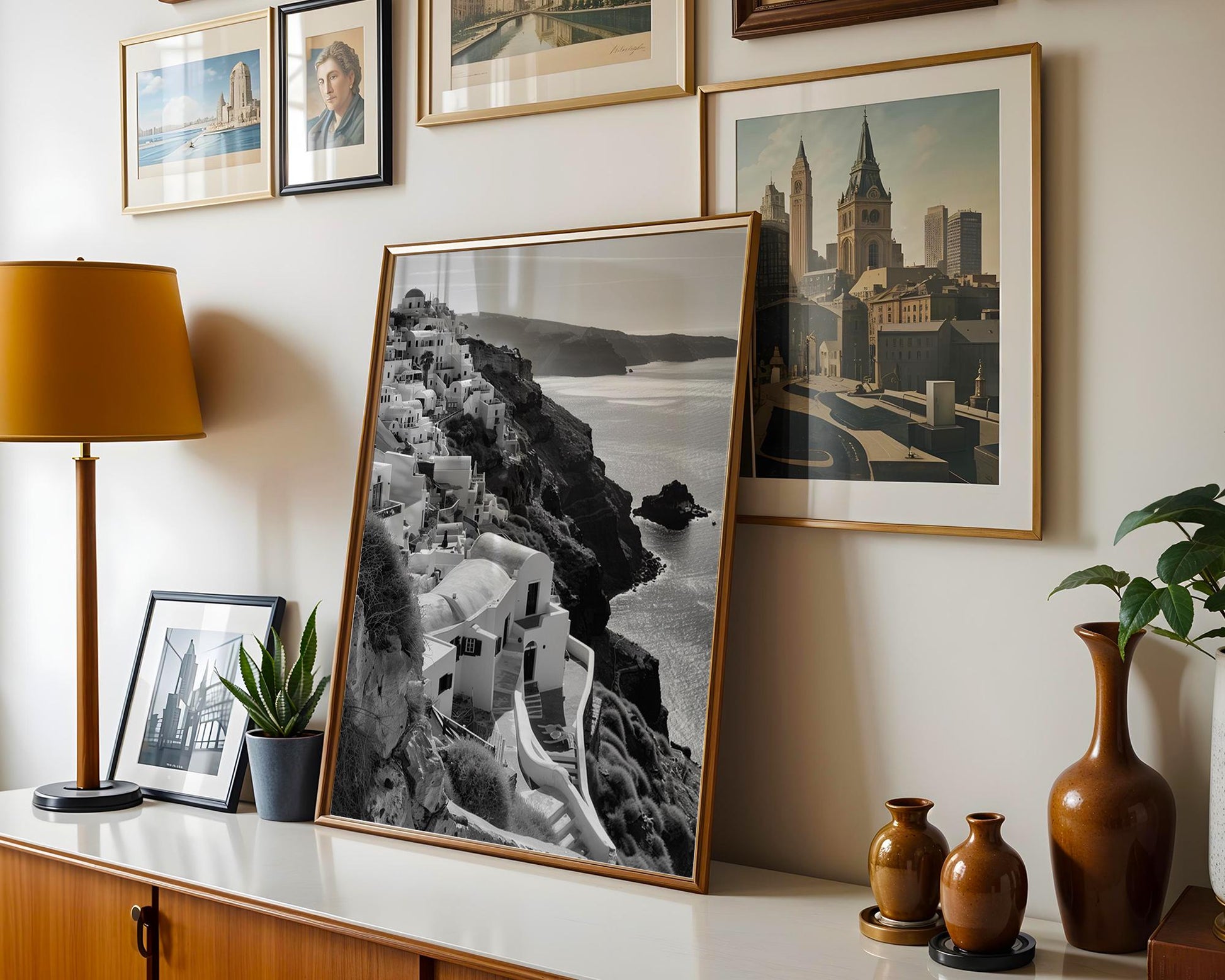 World Landmark | Santorini Greece Print | Black and White Cliffside Architecture wall art print, black and white architectural poster, minimalist modern Scandinavian wall decor, Monohaus