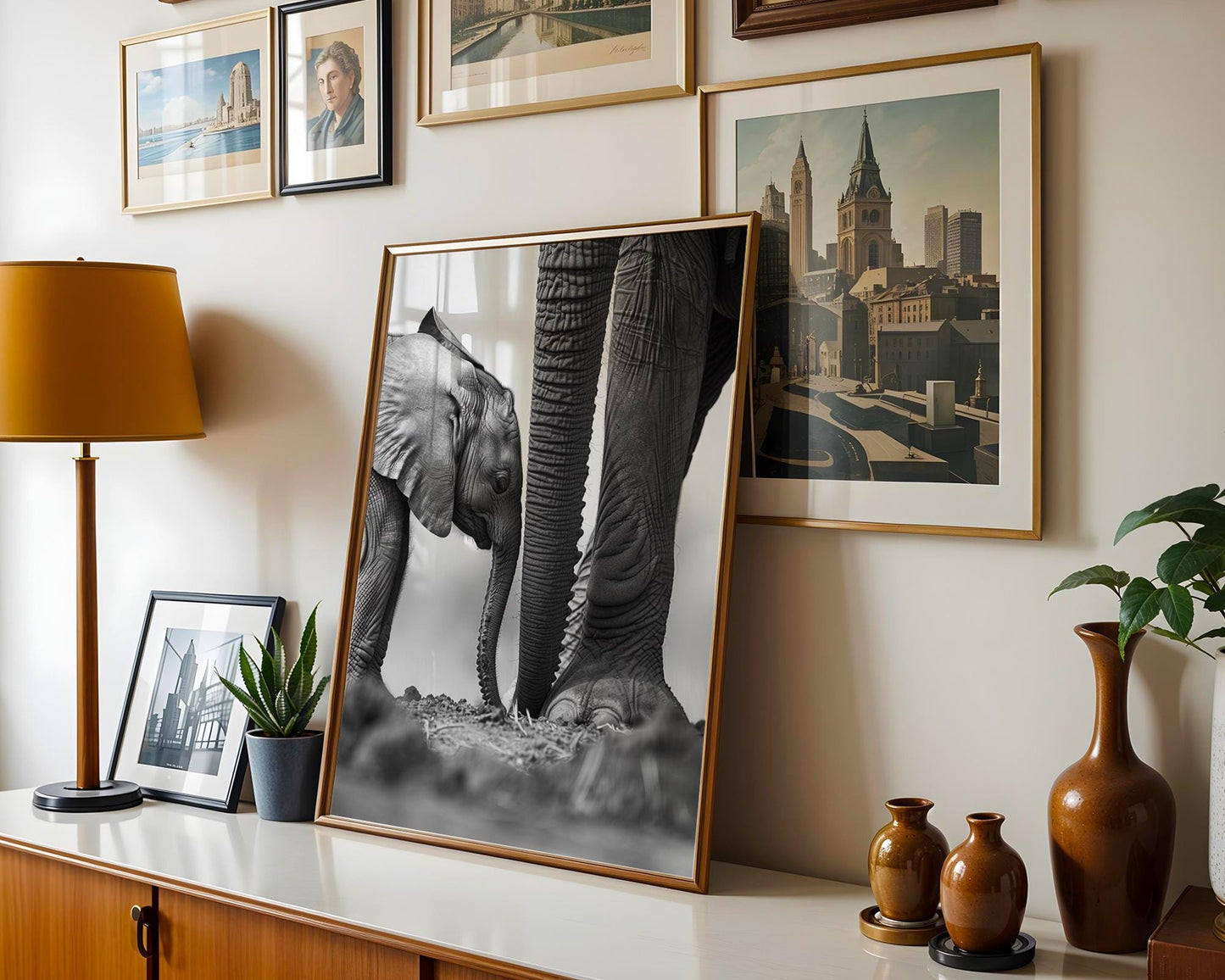 Wildlife Poster | Elephant Calf & Mother Print | Black and White Safari Photography wall art print, minimalist black and white poster, modern Scandinavian wall decor, Monohaus