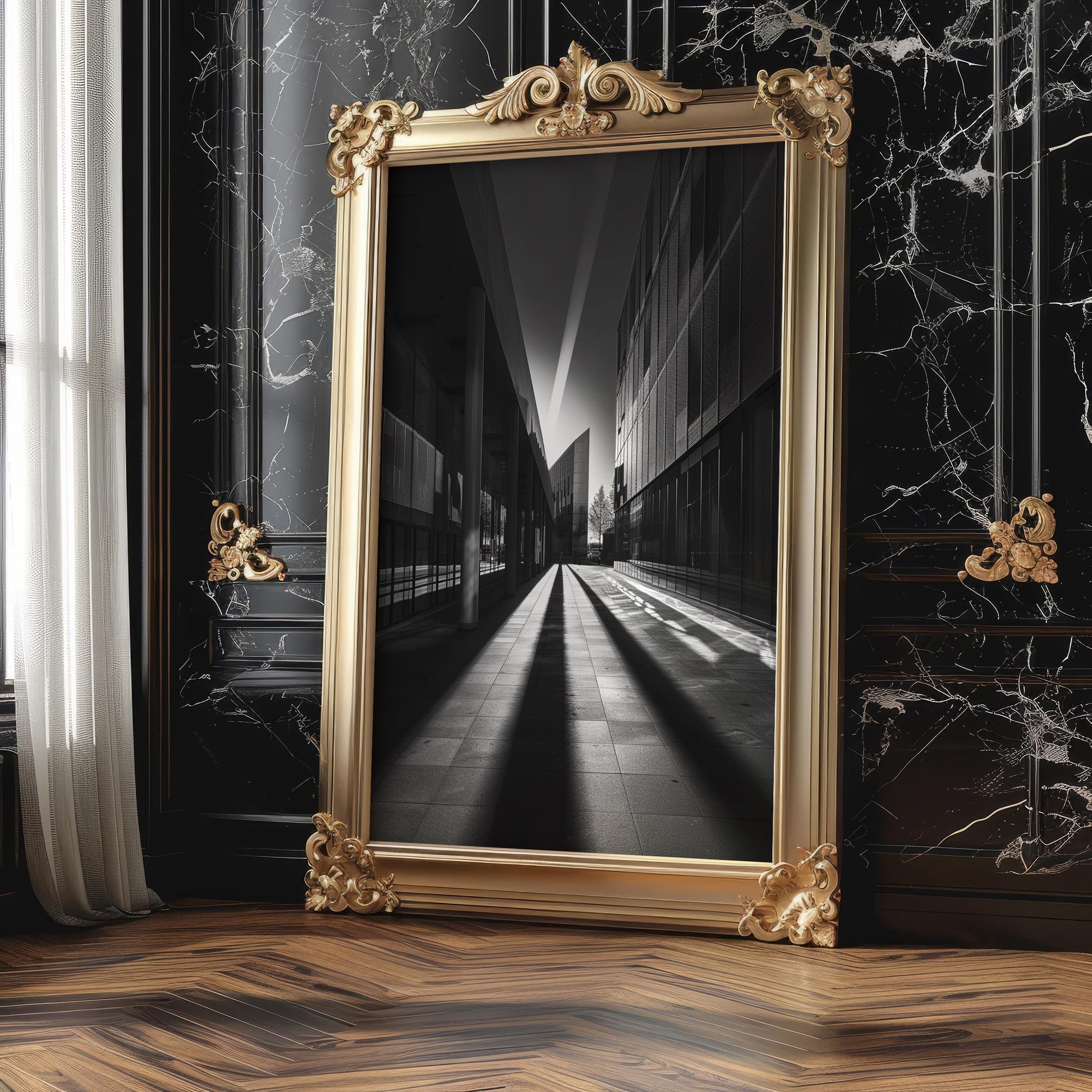 Urban Photography Sunbeam Print Black and White | Minimalist City Street Scene wall art print, black and white architectural poster, minimalist modern Scandinavian wall decor, Monohaus