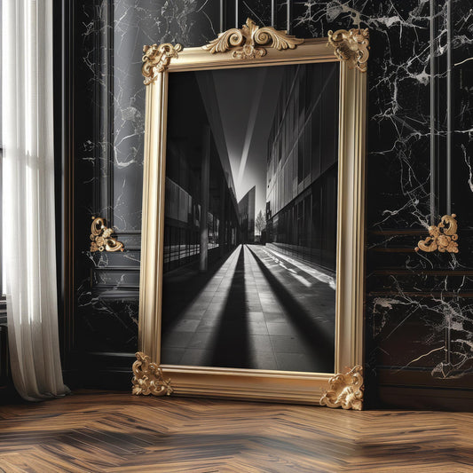 Urban Photography Sunbeam Print Black and White | Minimalist City Street Scene wall art print, black and white architectural poster, minimalist modern Scandinavian wall decor, Monohaus