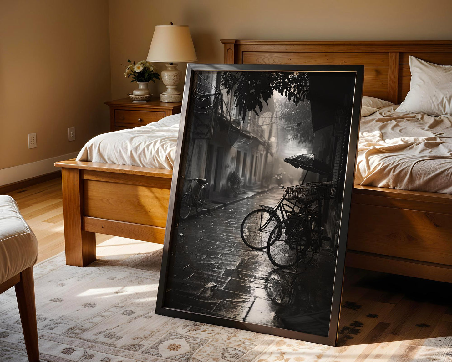 World Landmark | Vietnam Rainy Street Print | Black and White Bicycle Photography black and white photo print, minimalist monochrome wall art poster for modern interiors, Monohaus