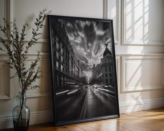 World Landmark | Madrid Gran Vía Sunset Photography Print | Urban Black and White Art
