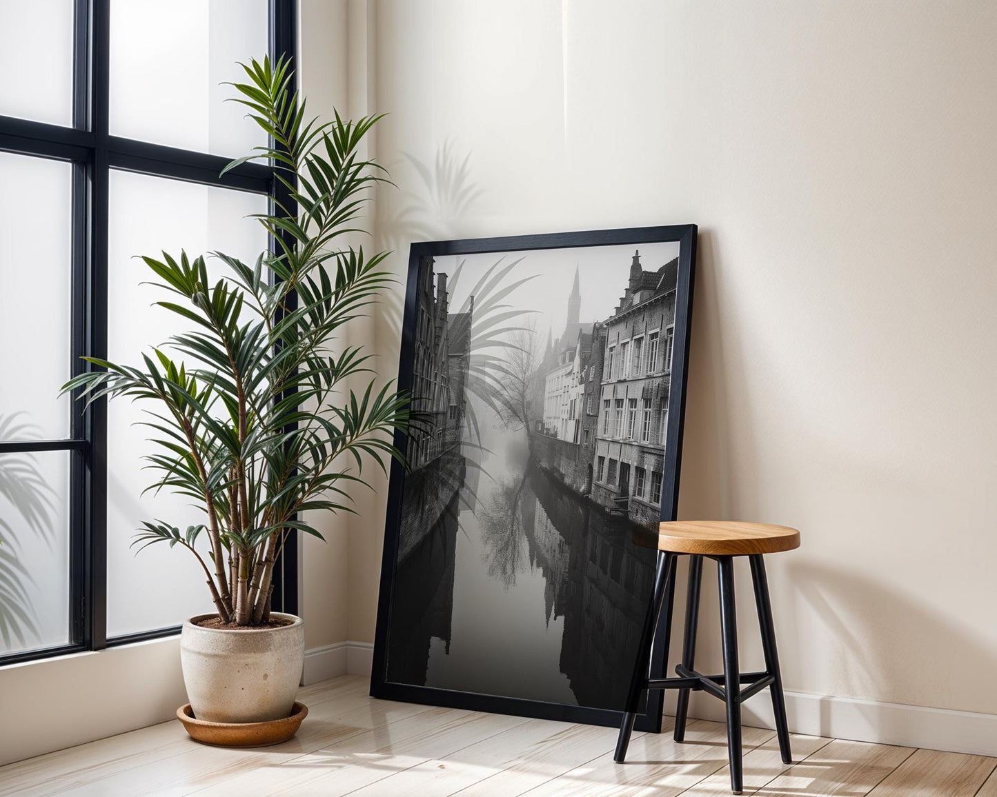 World Landmark | Bruges Canal Print | Black and White Belgium Architecture Photography wall art print, black and white architectural poster, minimalist modern Scandinavian wall decor, Monohaus