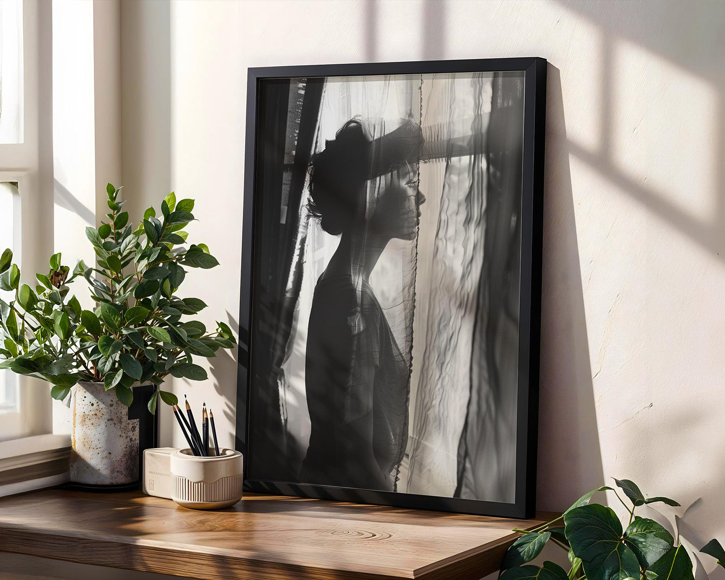 Sheer Curtain Portrait Print | Moody Black and White, Vintage Wall Art wall art print, minimalist black and white poster, modern Scandinavian wall decor, Monohaus