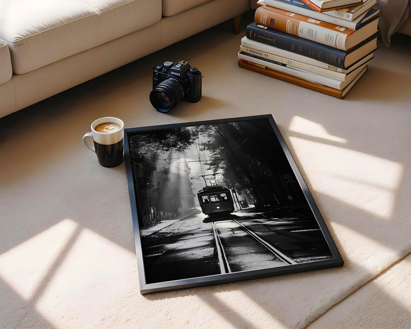 World Landmark | Lisbon Tram Print | Black and White Travel Photography wall art print, minimalist black and white poster, modern Scandinavian wall decor, Monohaus