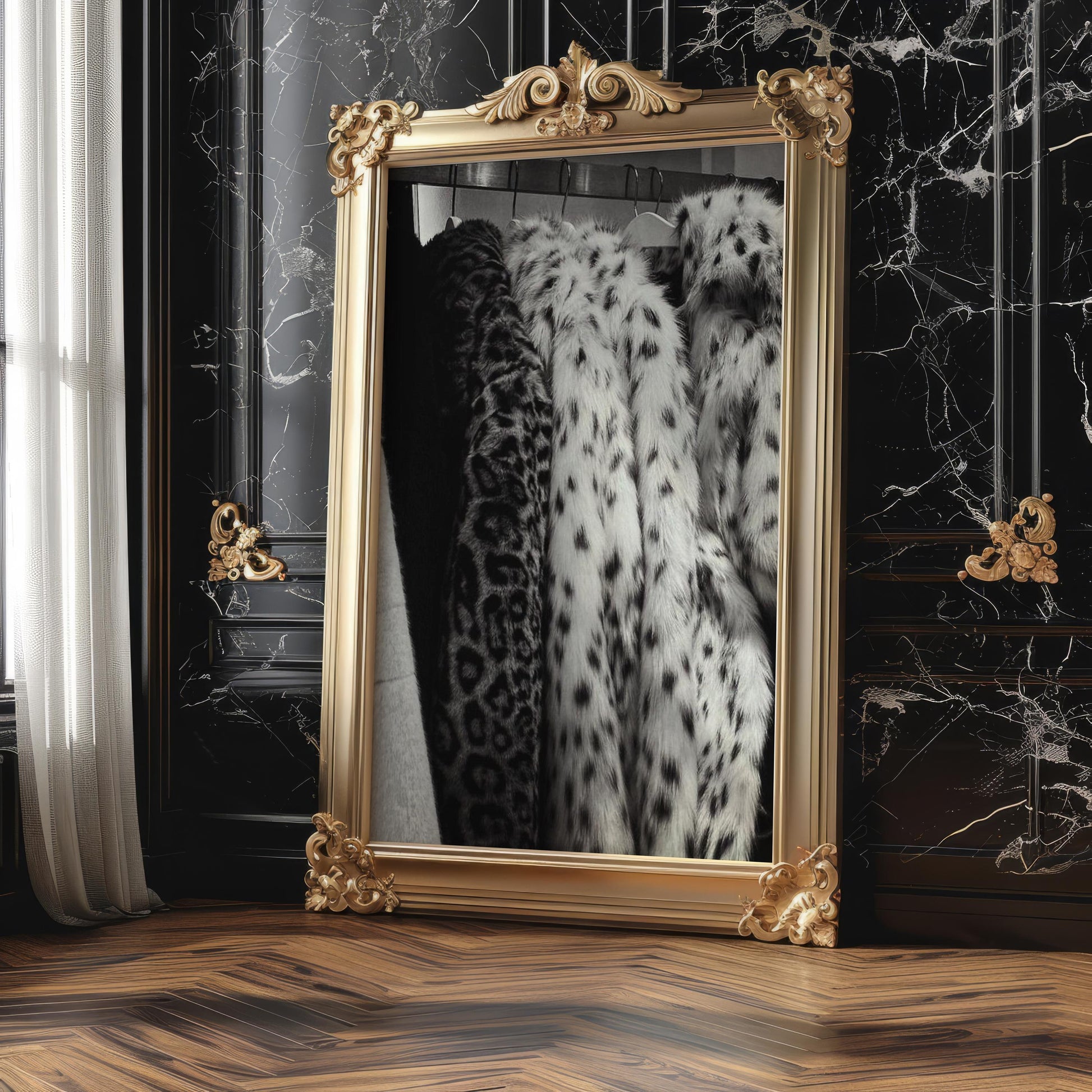 Designer Wall Art | Leopard Print Faux Fur Coat Poster | Black and White Glam wall art print, minimalist black and white poster, modern Scandinavian wall decor, Monohaus