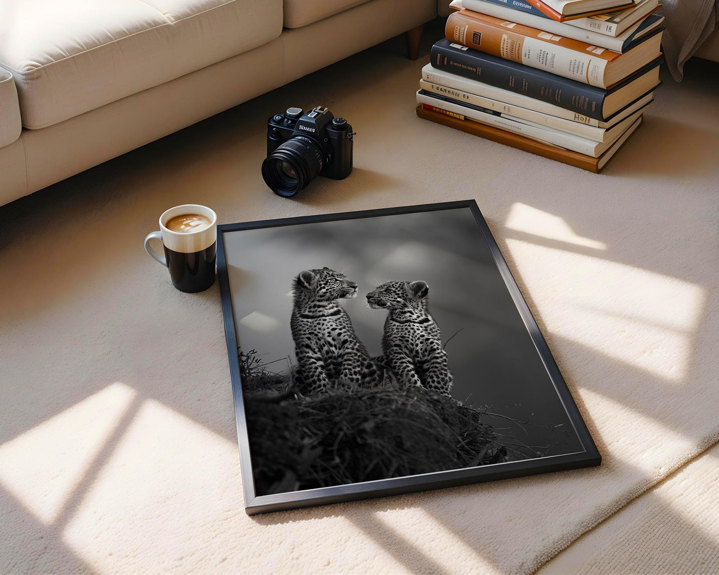 Wildlife Poster | Leopard Cubs Fine Art Print • Black & White Scandi Nursery wall art print, minimalist black and white poster, modern Scandinavian wall decor, Monohaus