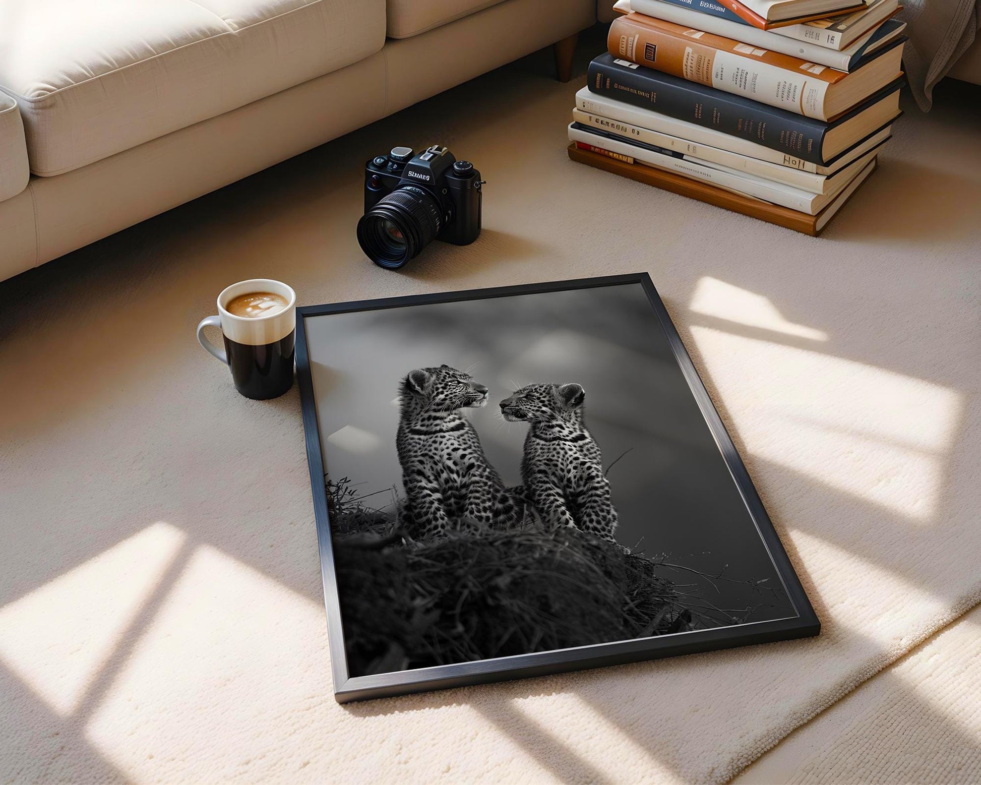 Wildlife Poster | Leopard Cubs Fine Art Print • Black & White Scandi Nursery wall art print, minimalist black and white poster, modern Scandinavian wall decor, Monohaus