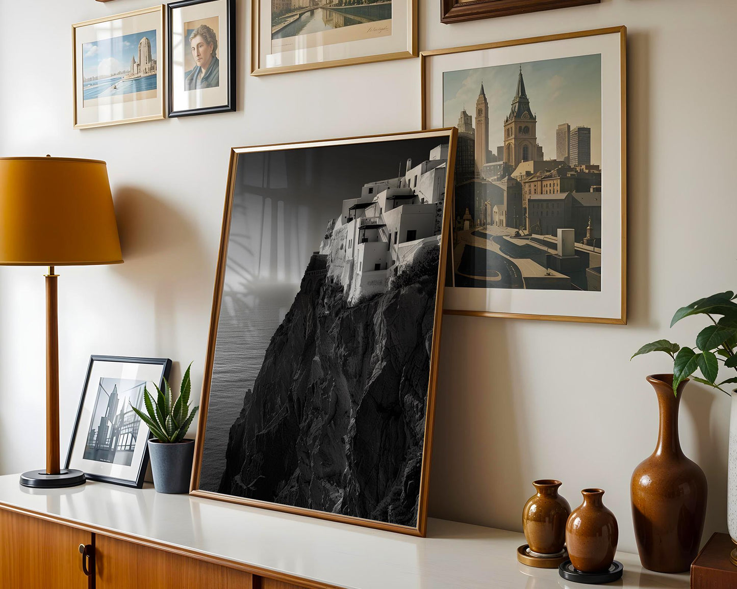 World Landmark | Santorini Cliff Houses Print | Black and White Greece Architecture wall art print, black and white architectural poster, minimalist modern Scandinavian wall decor, Monohaus