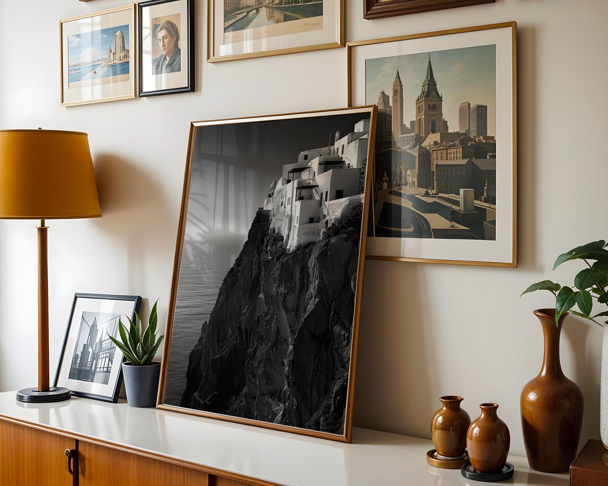 World Landmark | Santorini Cliff Houses Print | Black and White Greece Architecture wall art print, black and white architectural poster, minimalist modern Scandinavian wall decor, Monohaus