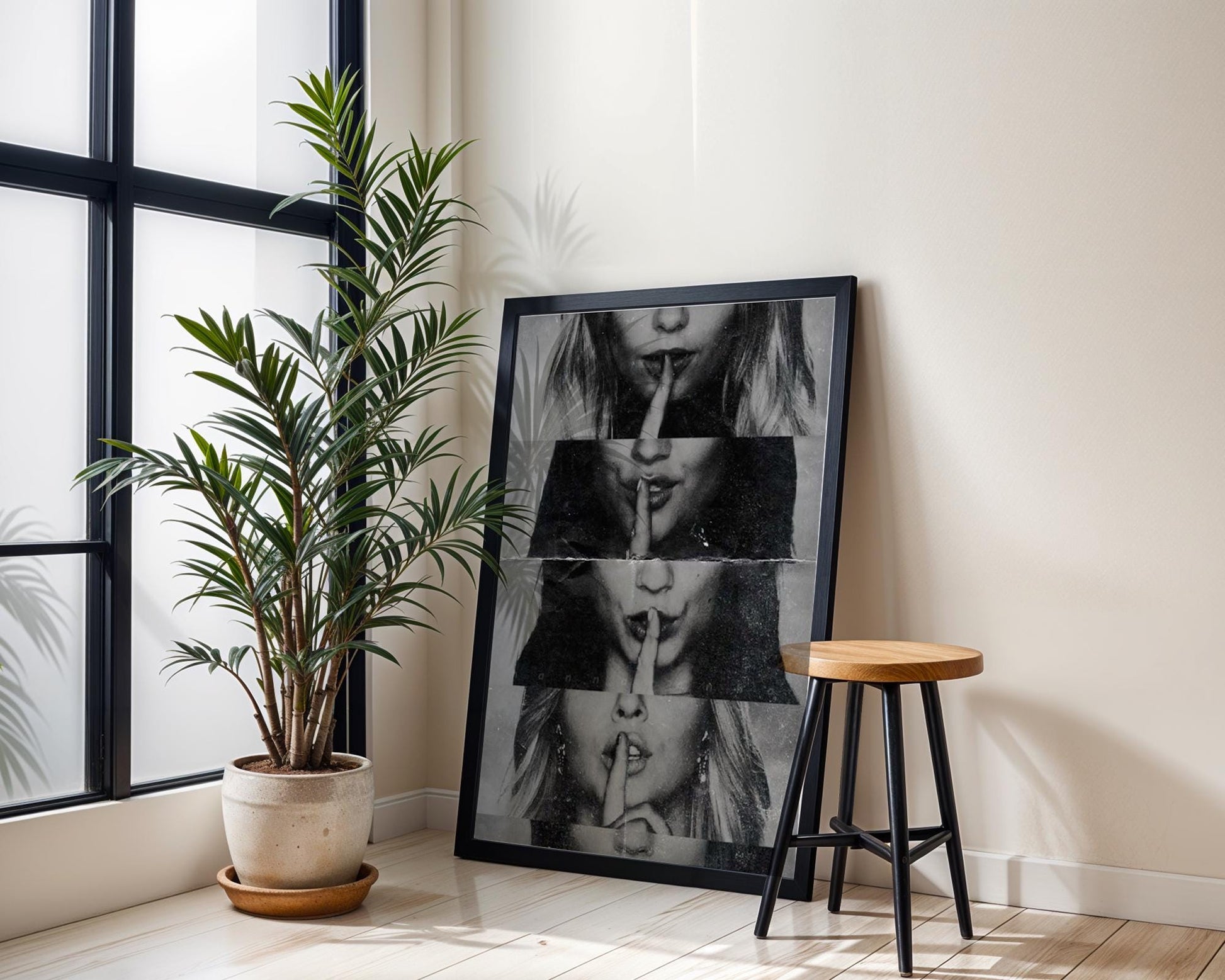 Designer Wall Art | Shush Lips Print | Black and White Photography, Minimalist Decor wall art print, minimalist black and white poster, modern Scandinavian wall decor, Monohaus