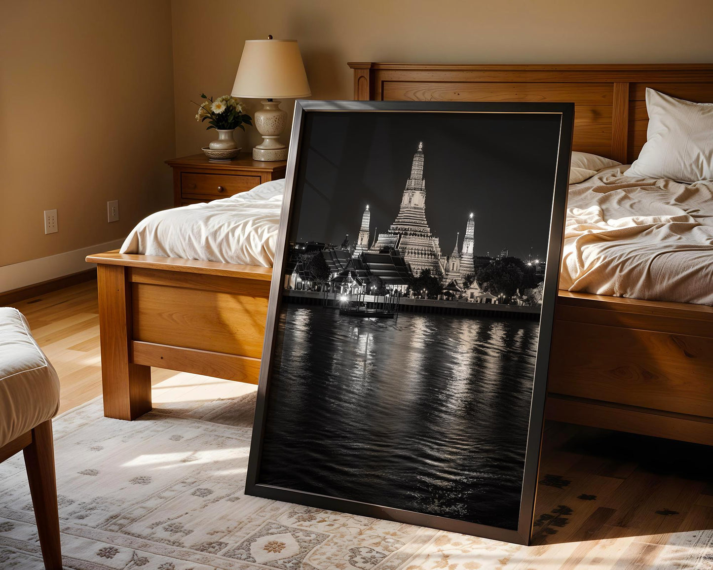 Wat Arun Temple, Bangkok Night Photography Print | Black and White Cityscape Wall Art