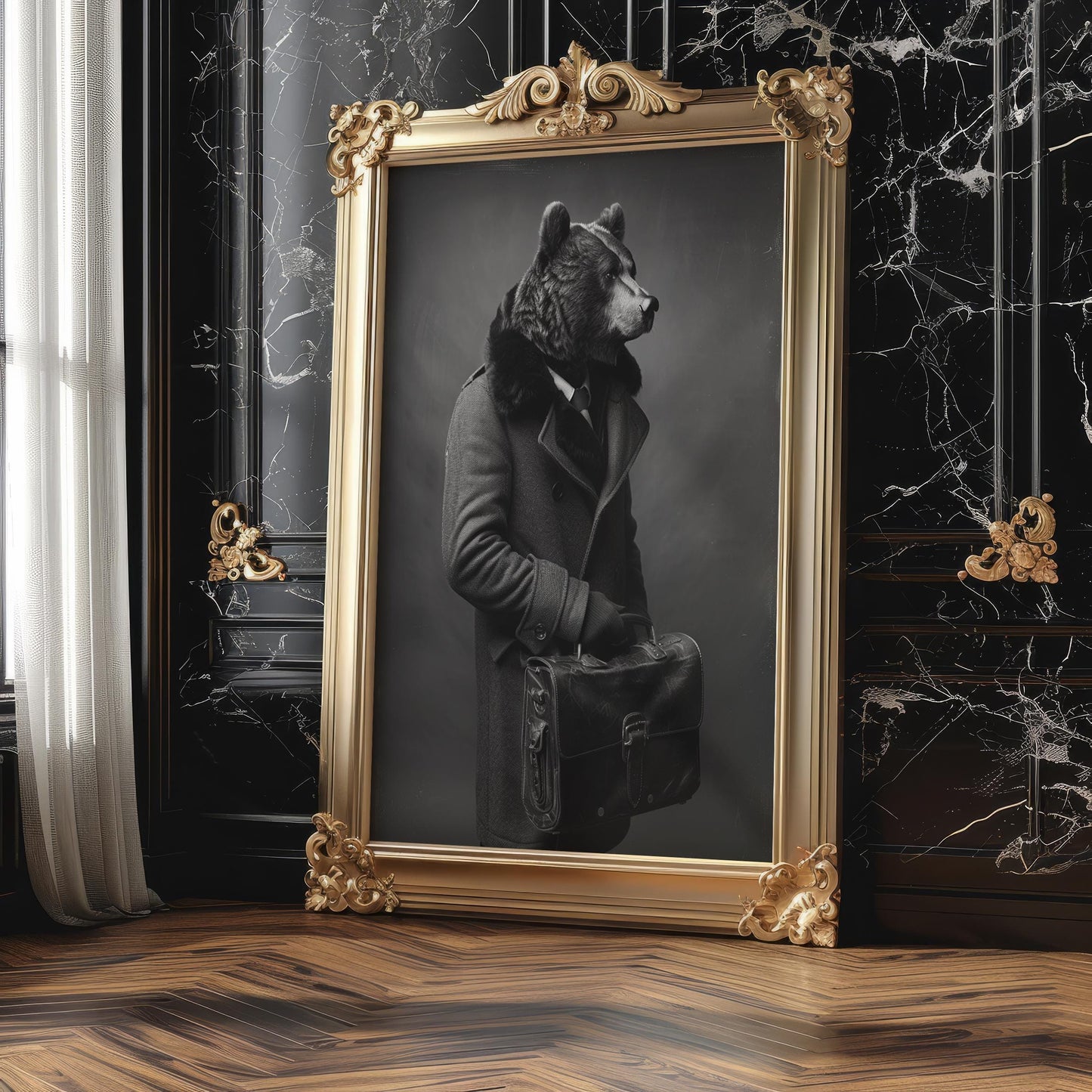 Designer Wall Art | Monochrome Bear Portrait Print | Fine Art Animal in Coat wall art print, minimalist black and white poster, modern Scandinavian wall decor, Monohaus