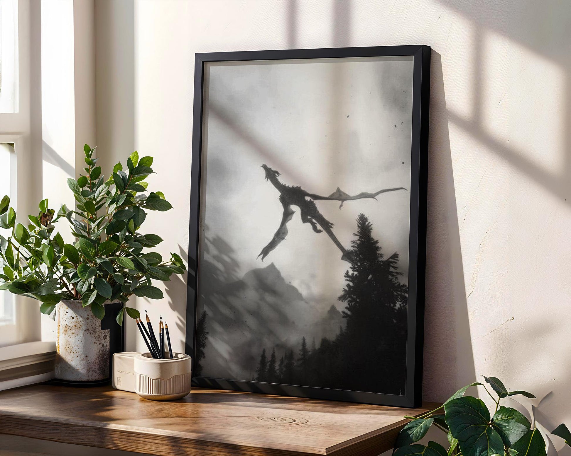 Designer Wall Art | Dragon Flying Print | Black & White Mountain Landscape Art wall art print, minimalist black and white poster, modern Scandinavian wall decor, Monohaus