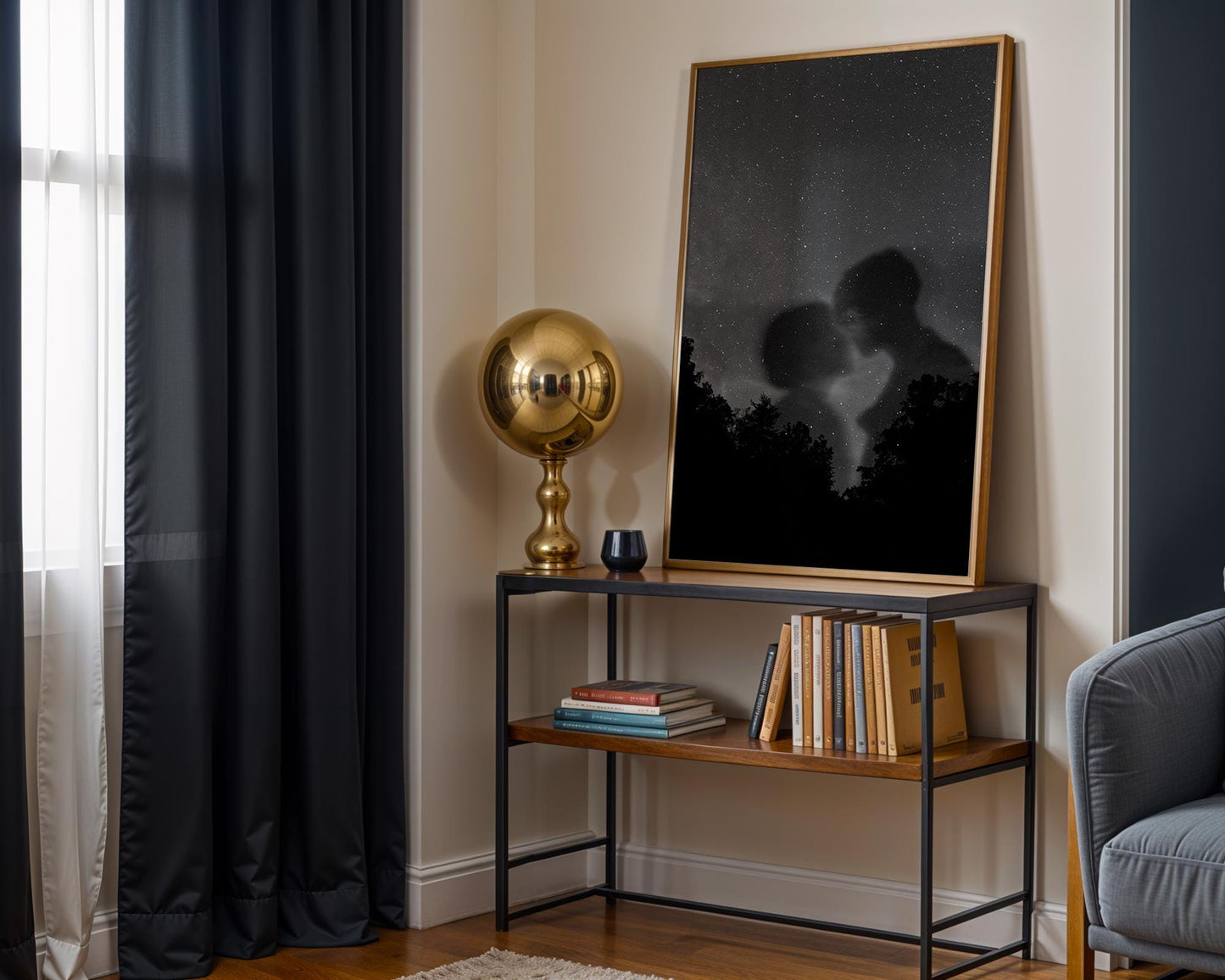 Designer Wall Art | Starry Night Lovers Print | Minimalist Black and White Photography wall art print, minimalist black and white poster, modern Scandinavian wall decor, Monohaus