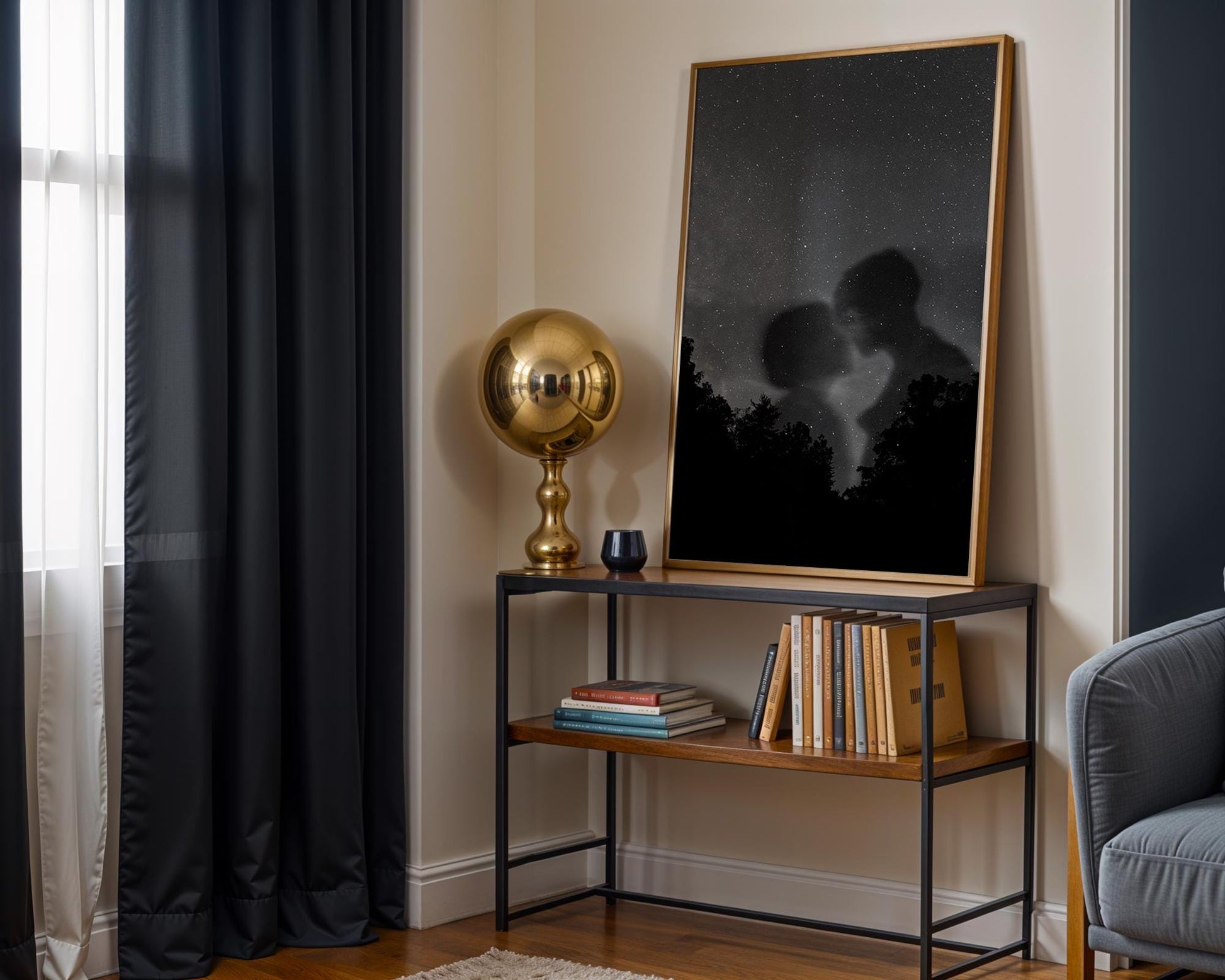 Designer Wall Art | Starry Night Lovers Print | Minimalist Black and White Photography wall art print, minimalist black and white poster, modern Scandinavian wall decor, Monohaus