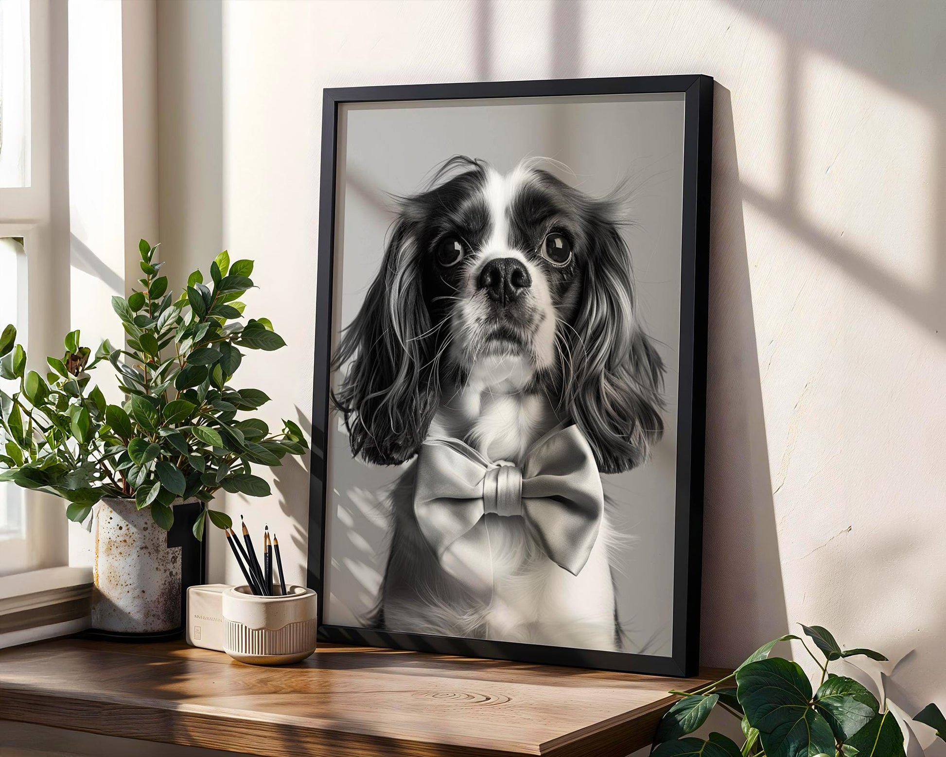 Dog Photography Cavalier Pet Portrait | Black and White Art with Bow Tie wall art print, minimalist black and white poster, modern Scandinavian wall decor, Monohaus