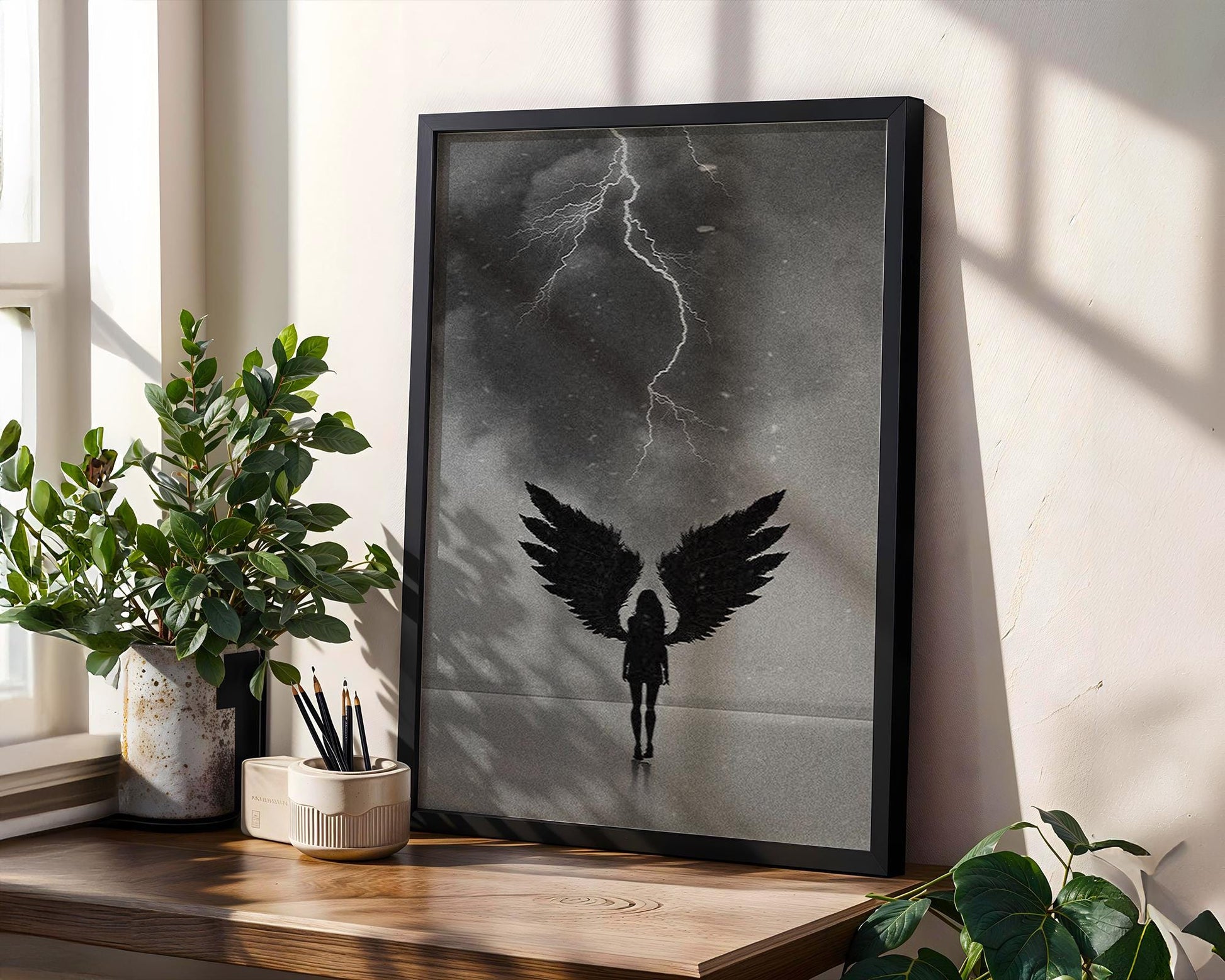 Dark Angel Print | Black & White Lightning Photography, Surreal Wall Art wall art print, minimalist black and white poster, modern Scandinavian wall decor, Monohaus
