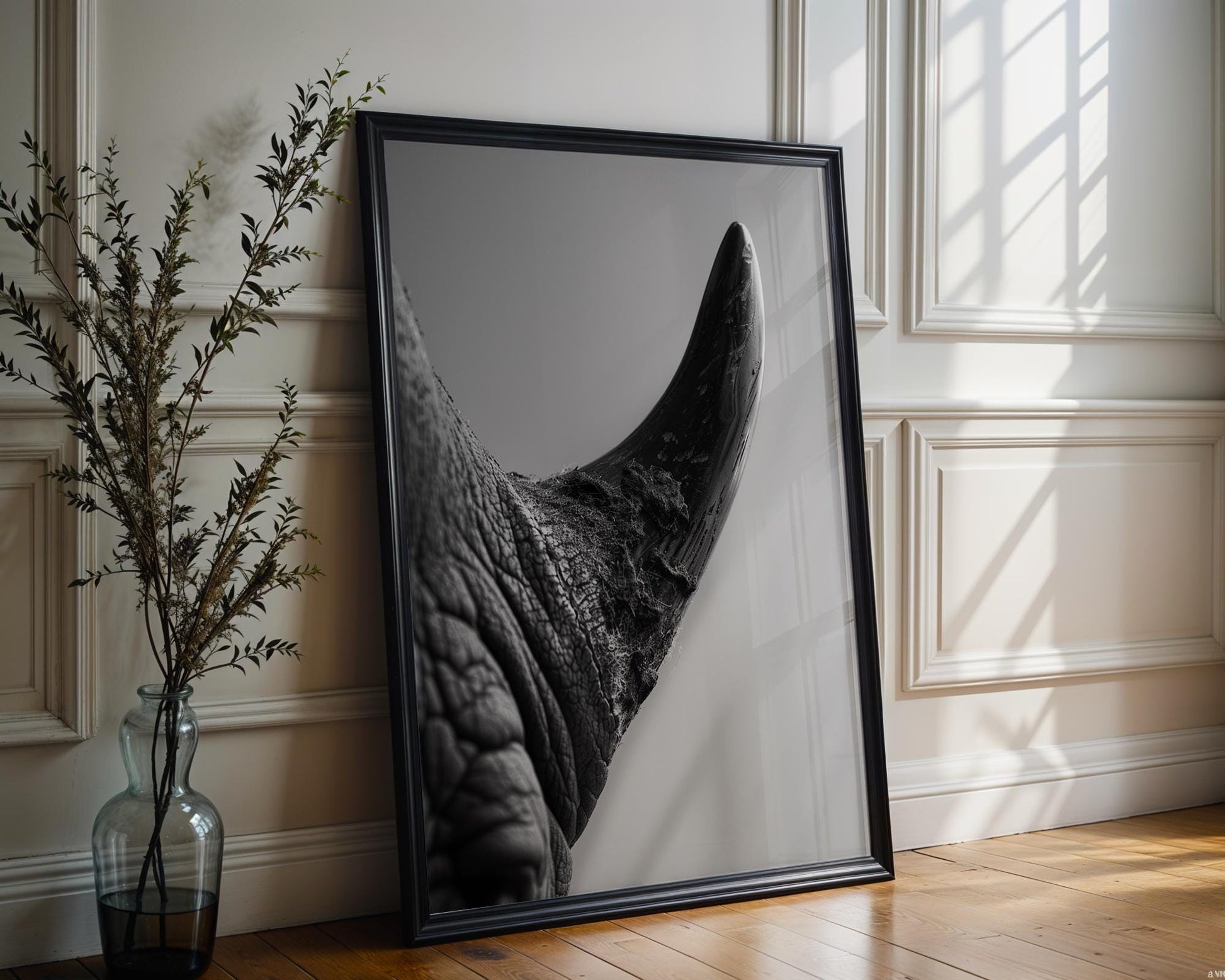Wildlife Poster | Rhino Horn Fine Art Photography | Modern Scandi Interior Decor wall art print, minimalist black and white poster, modern Scandinavian wall decor, Monohaus