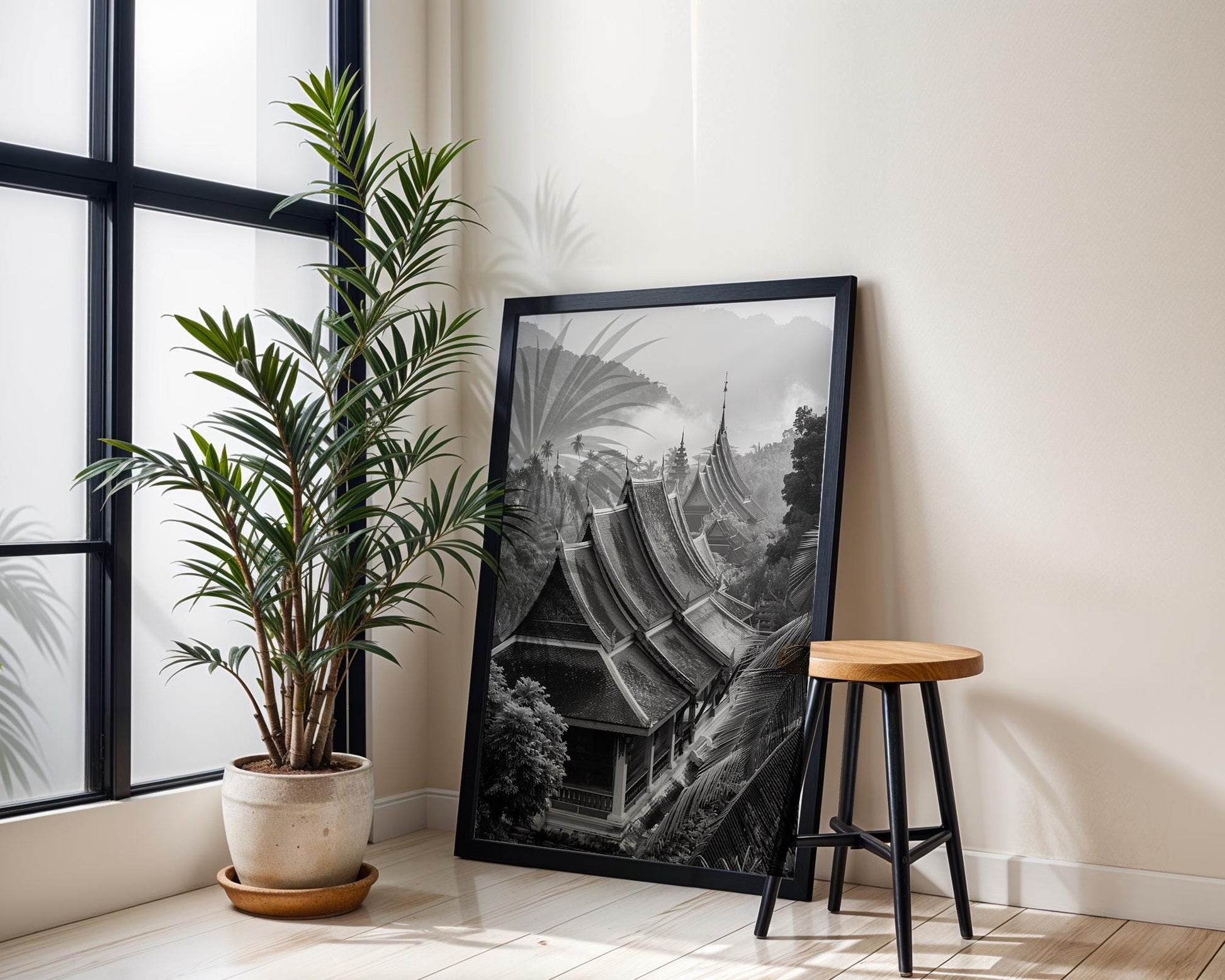 World Landmark | Laos Temple Print | Luang Prabang Black and White Photography wall art print, minimalist black and white poster, modern Scandinavian wall decor, Monohaus