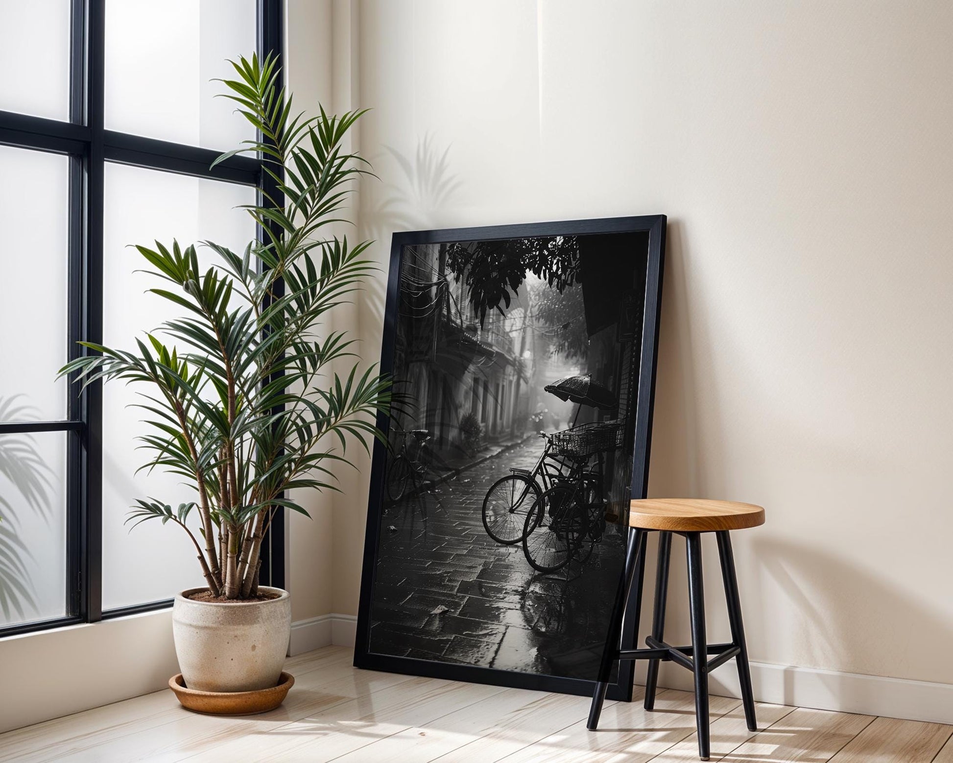 World Landmark | Vietnam Rainy Street Print | Black and White Bicycle Photography black and white photo print, minimalist monochrome wall art poster for modern interiors, Monohaus