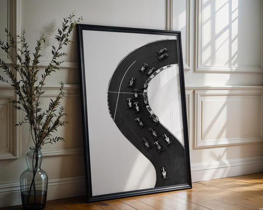 Designer Wall Art | Formula One Track Print | Racing Photography | Motorsport wall art print, minimalist black and white poster, modern Scandinavian wall decor, Monohaus