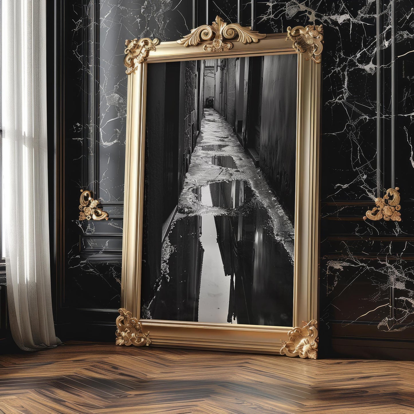 Dark Alley Photography Print | Black and White Urban Reflection black and white photo print, minimalist monochrome wall art poster for modern interiors, Monohaus