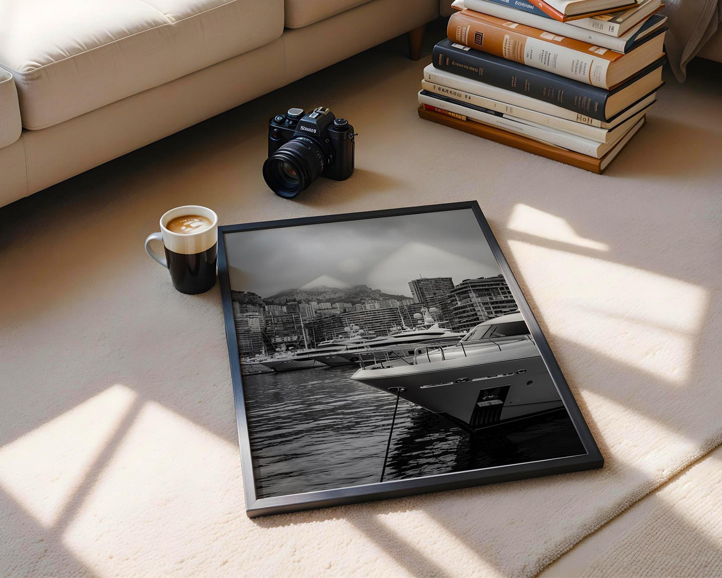World Landmark | Monaco Harbor Black and White Photography Print | Modern Yacht Marina Art