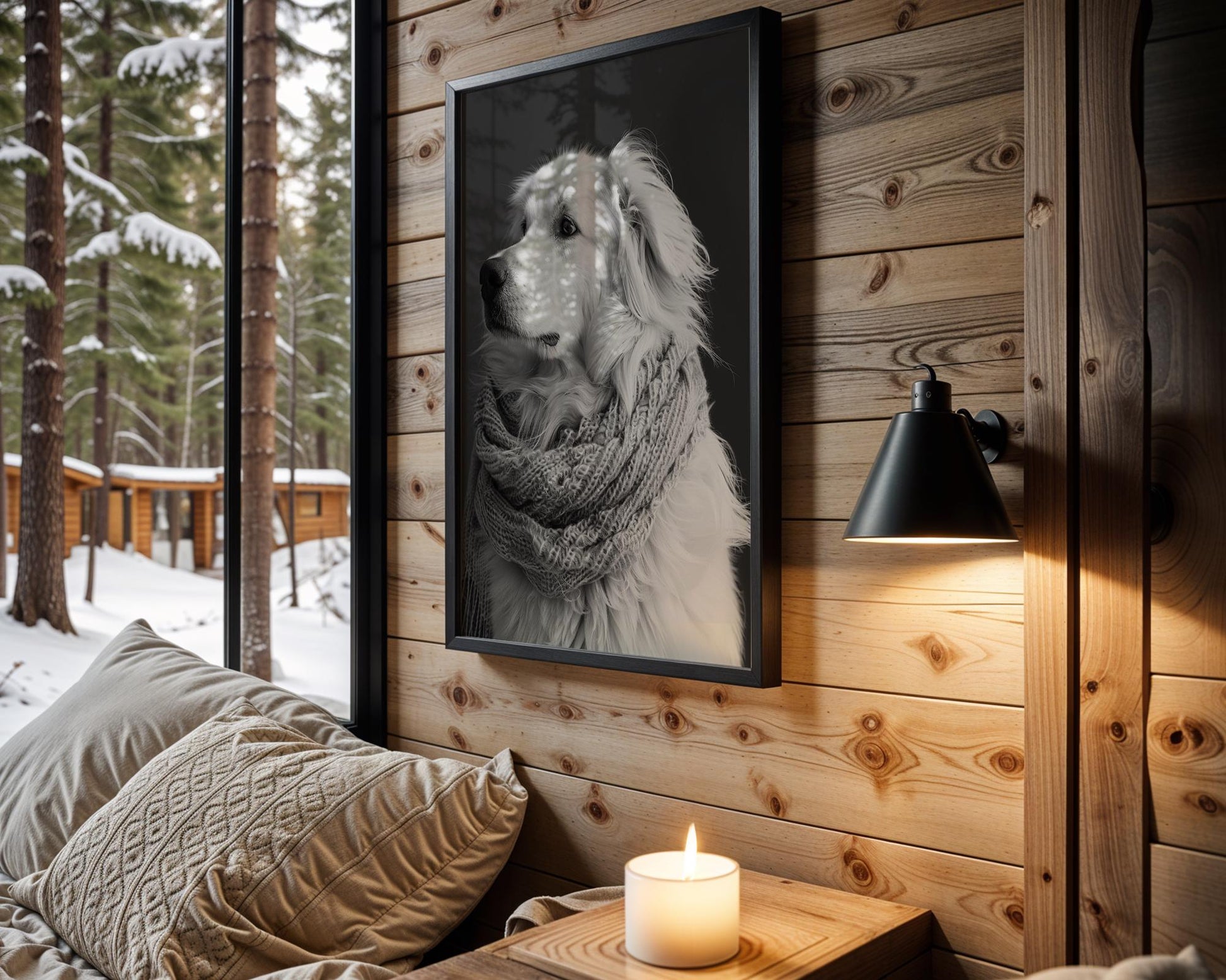 Dog Photography Pet Poster Print | Golden Retriever in Scarf, Minimalist Home Decor wall art print, minimalist black and white poster, modern Scandinavian wall decor, Monohaus