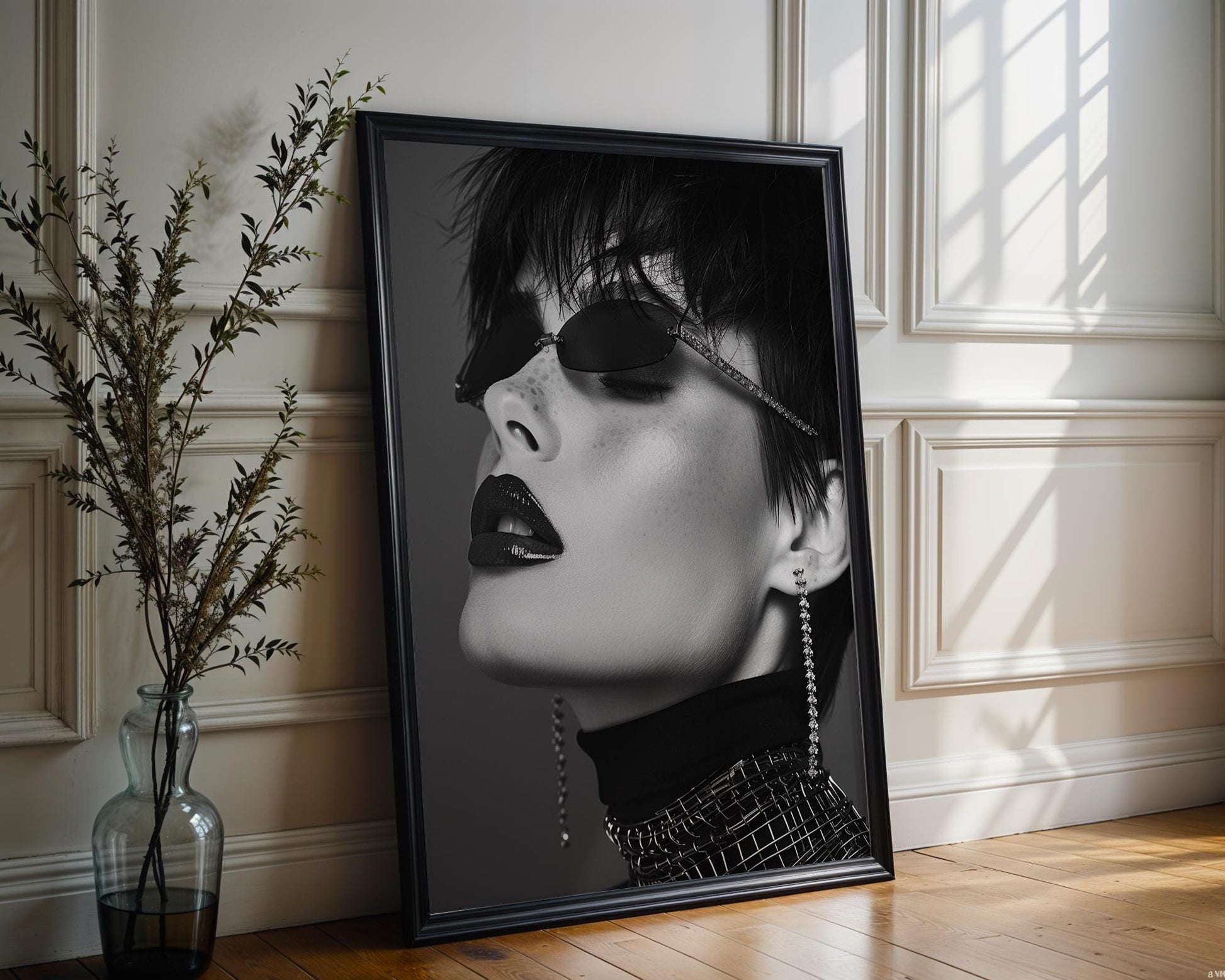 Minimal Wall Art Woman Portrait Print | Glossy Lips, Futuristic Shades Art wall art print, minimalist black and white poster, modern Scandinavian wall decor, Monohaus