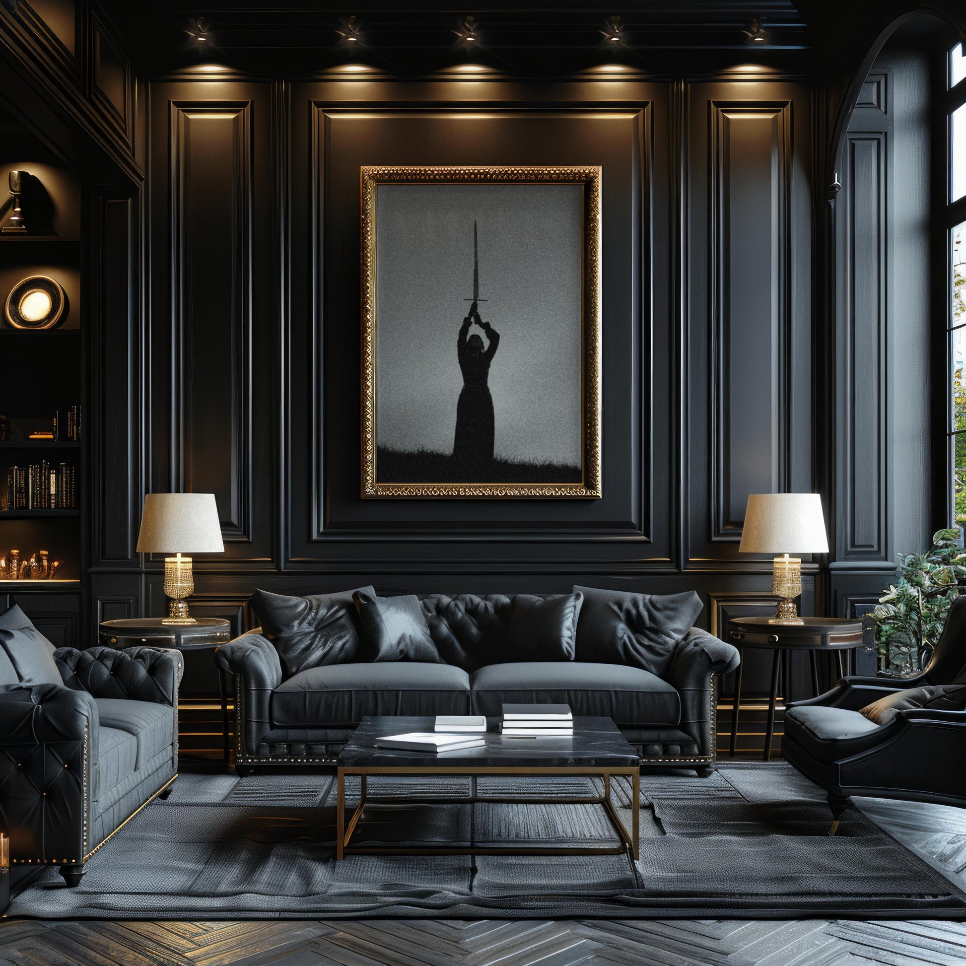 Designer Wall Art | Sword Silhouette Print | Dark Gothic Warrior Art, Fantasy Decor wall art print, minimalist black and white poster, modern Scandinavian wall decor, Monohaus