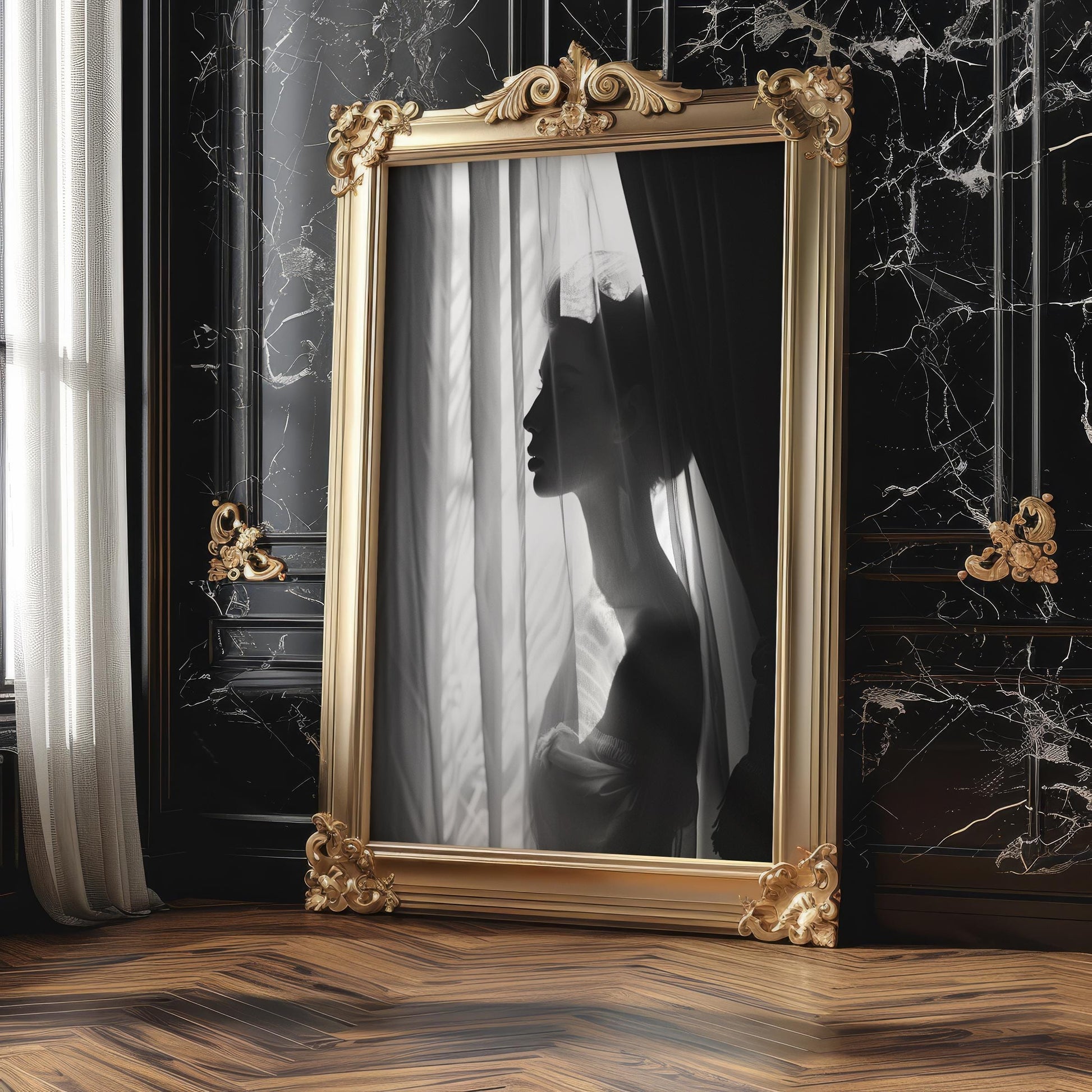 Minimal Wall Art Woman Silhouette Print | Gauzy Curtains, Black and White Fine Art wall art print, minimalist black and white poster, modern Scandinavian wall decor, Monohaus