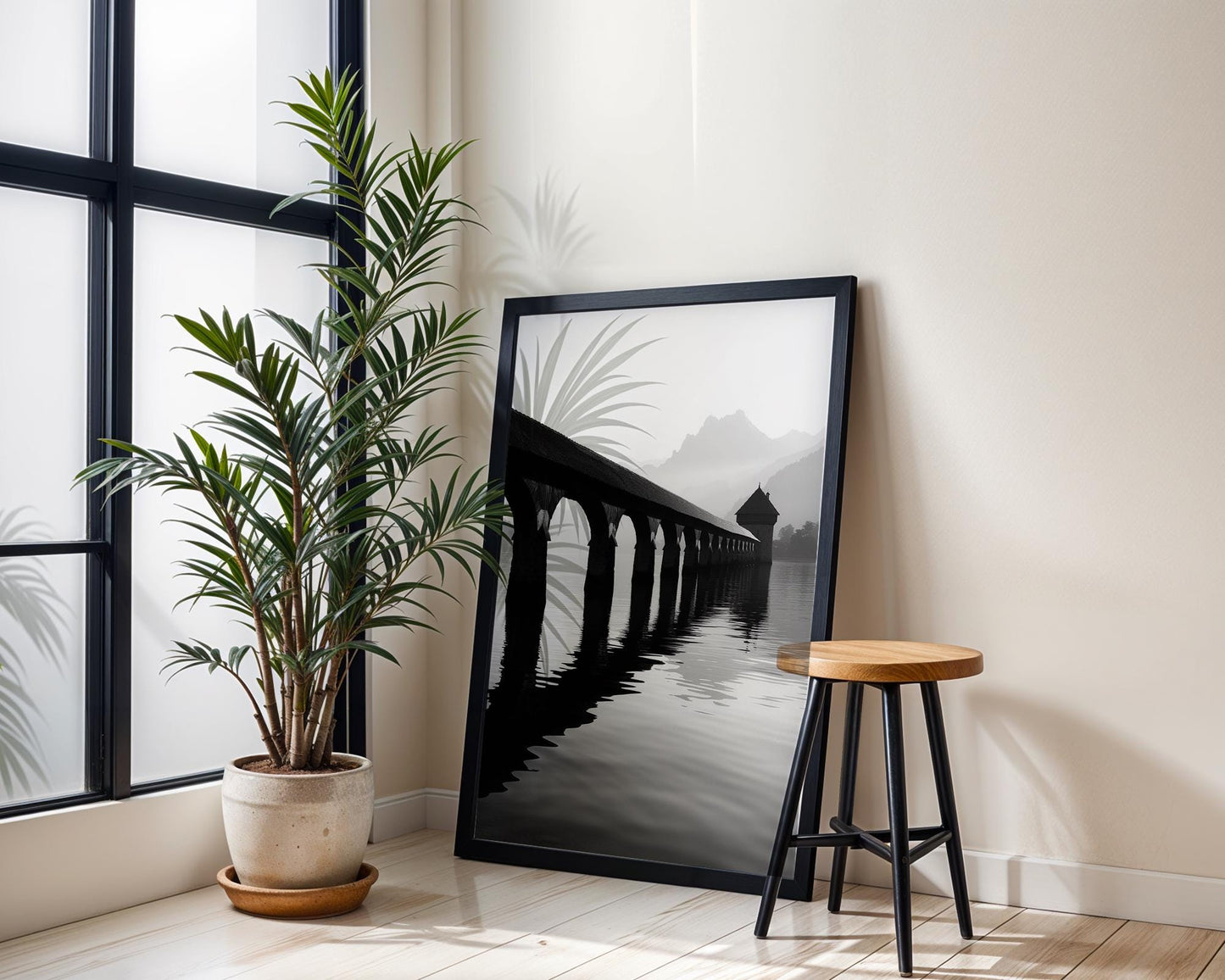 World Landmark | Chapel Bridge, Lake Lucerne Print | Swiss Black and White Photography wall art print, minimalist black and white poster, modern Scandinavian wall decor, Monohaus