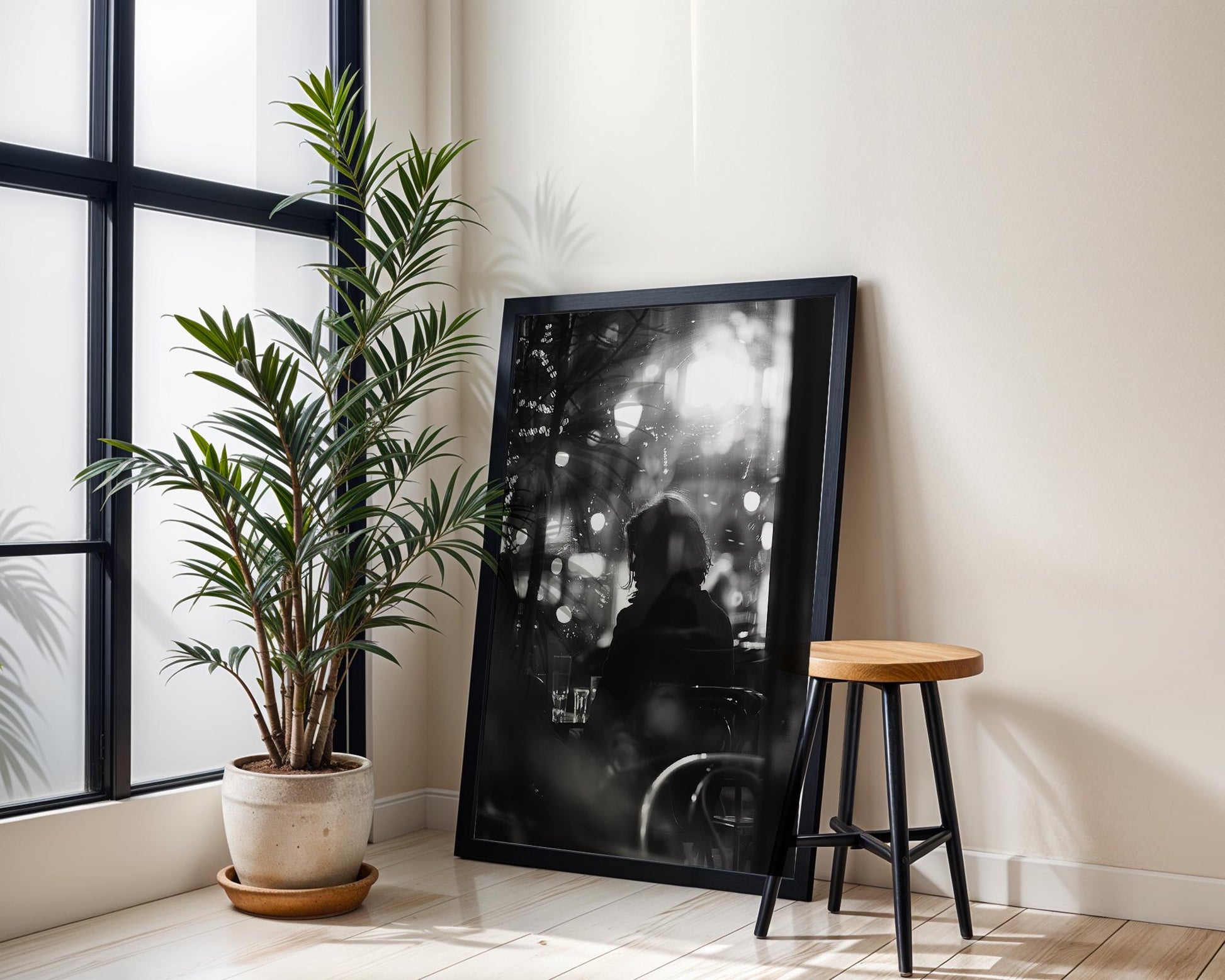 Urban Photography | Cafe Silhouette Print | Moody Black and White Night Photography black and white photo print, minimalist monochrome wall art poster for modern interiors, Monohaus