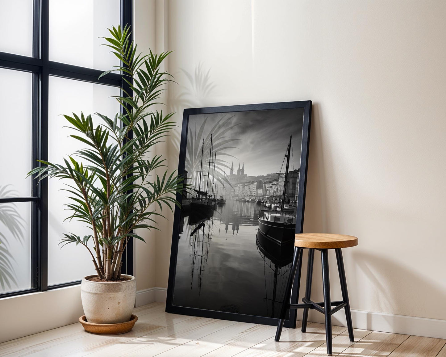 World Landmark | Marseille Old Port Print | Black and White France Photography wall art print, minimalist black and white poster, modern Scandinavian wall decor, Monohaus