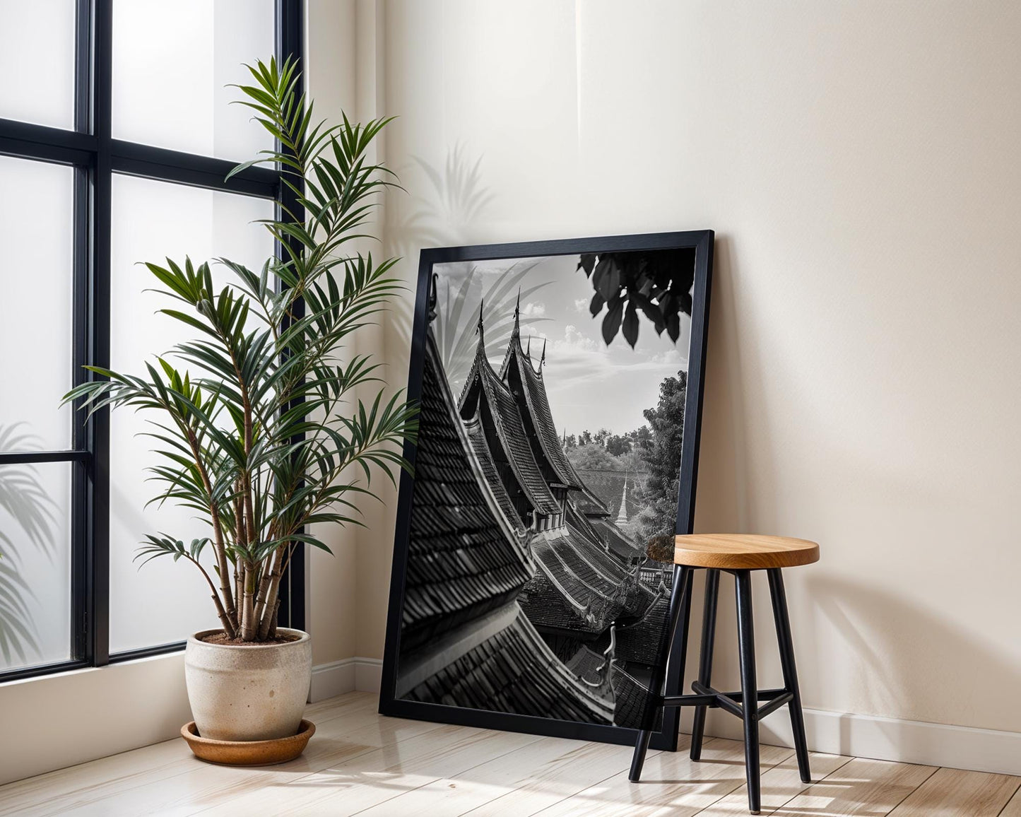 World Landmark | Laos Temple Roofs Print | Luang Prabang Black and White Photography wall art print, minimalist black and white poster, modern Scandinavian wall decor, Monohaus