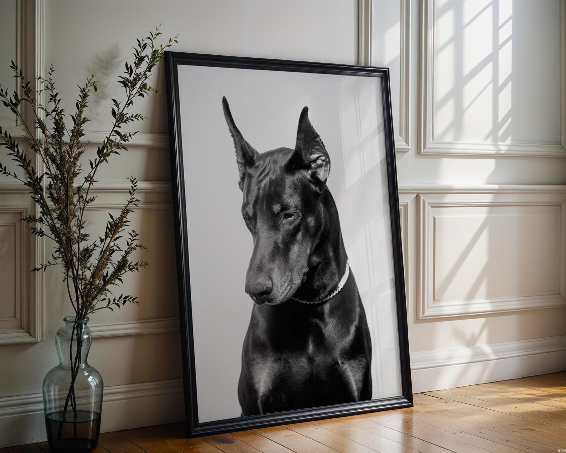 Designer Wall Art | Doberman Portrait Print | Minimalist Black and White Dog Art wall art print, minimalist black and white poster, modern Scandinavian wall decor, Monohaus