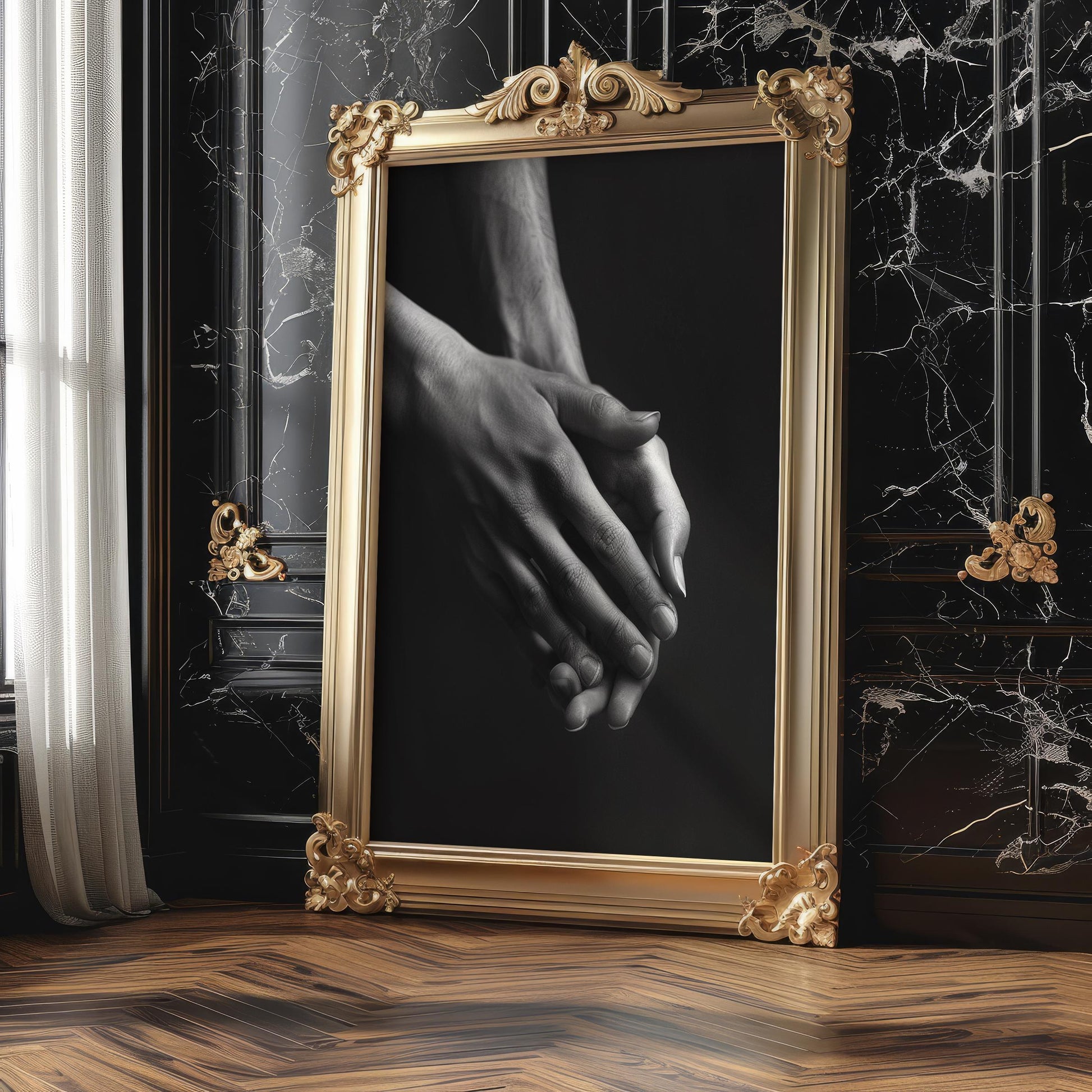 Minimal Wall Art Intimate Hands Print | Moody Black and White Photography wall art print, minimalist black and white poster, modern Scandinavian wall decor, Monohaus