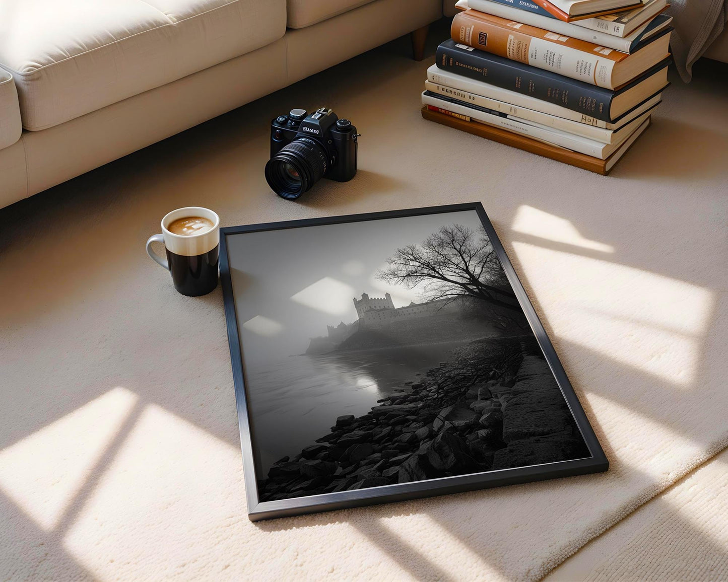 World Landmark | Castle Riverbank Photography Print | Minimalist Black and White Wall Art wall art print, minimalist black and white poster, modern Scandinavian wall decor, Monohaus