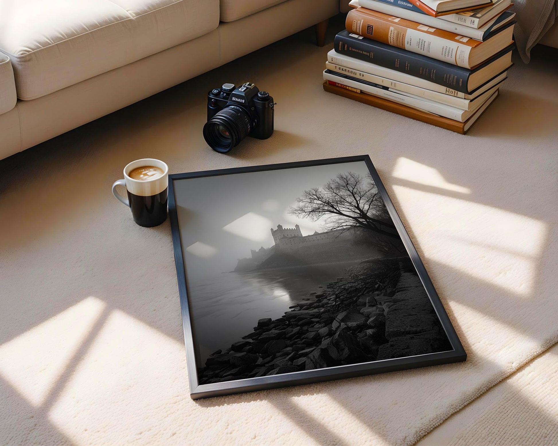 World Landmark | Castle Riverbank Photography Print | Minimalist Black and White Wall Art wall art print, minimalist black and white poster, modern Scandinavian wall decor, Monohaus