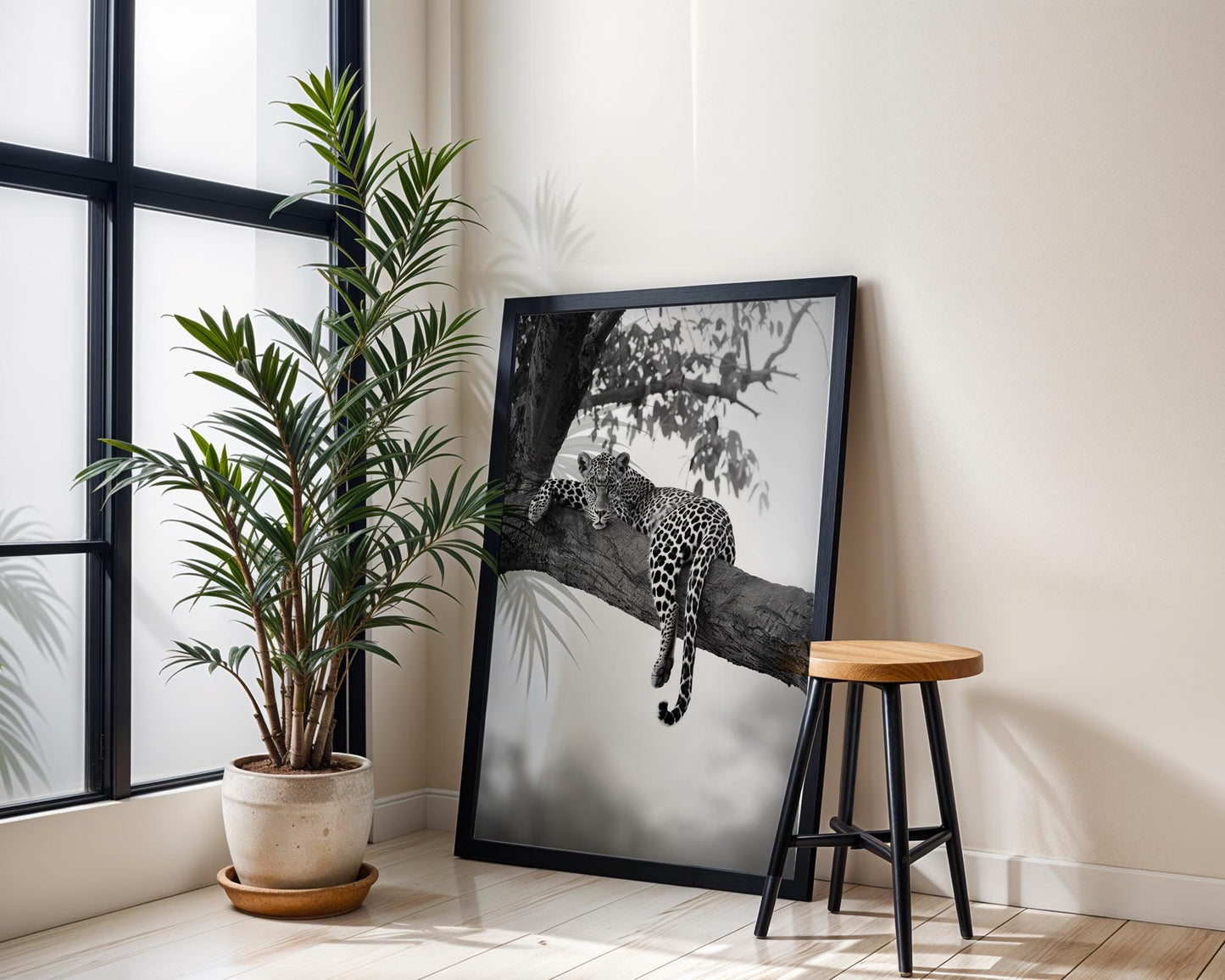 Wildlife Poster | Leopard in Tree Photography Print | Minimalist Safari Wall Art wall art print, minimalist black and white poster, modern Scandinavian wall decor, Monohaus