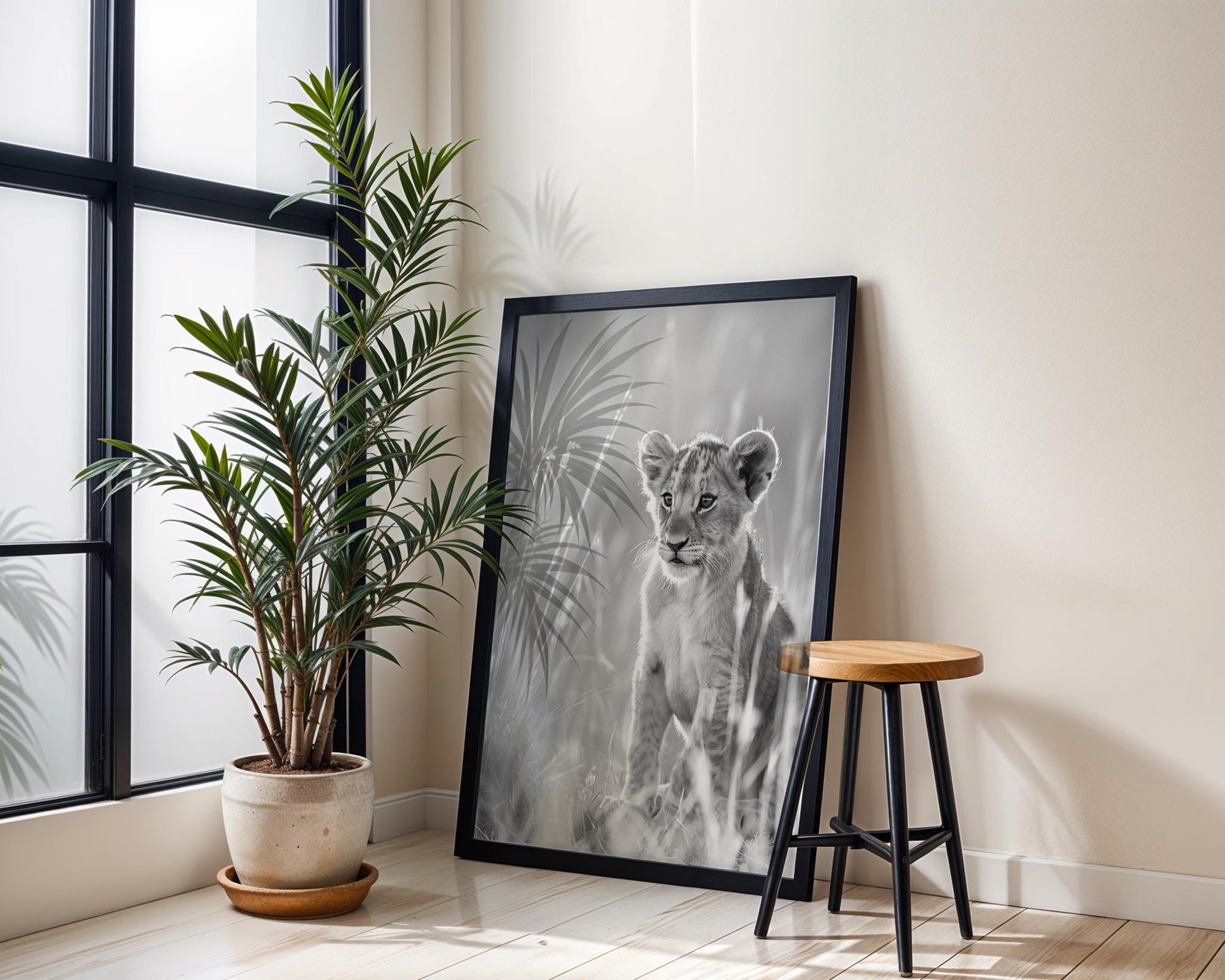 Wildlife Poster | Lion Cub Print | Minimalist Black & White Safari Photography wall art print, minimalist black and white poster, modern Scandinavian wall decor, Monohaus
