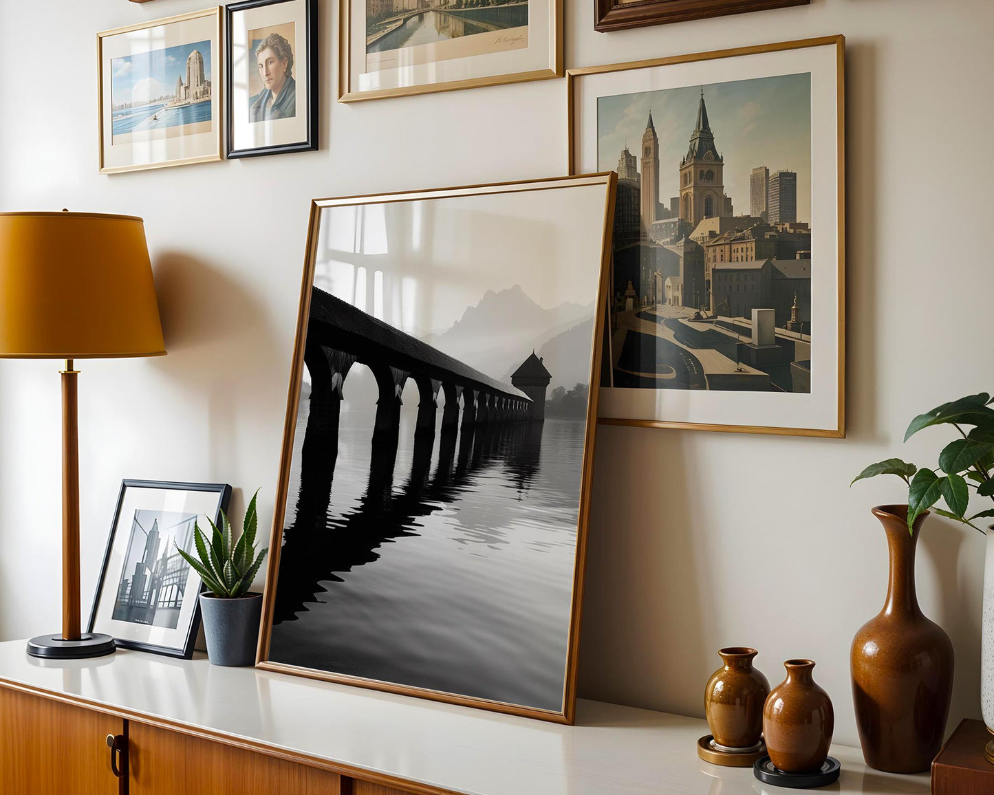 World Landmark | Chapel Bridge, Lake Lucerne Print | Swiss Black and White Photography wall art print, minimalist black and white poster, modern Scandinavian wall decor, Monohaus