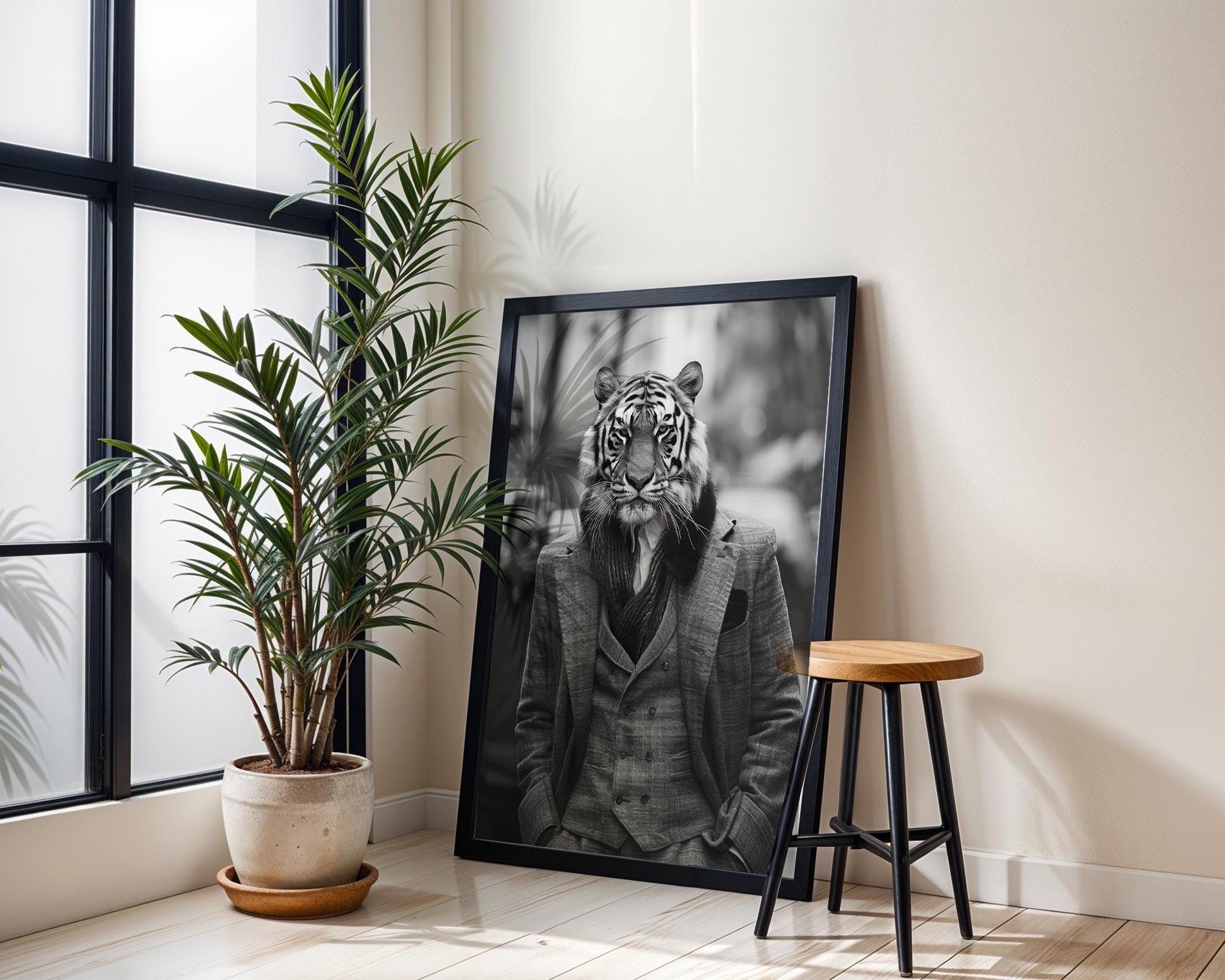 Designer Wall Art | Tiger Portrait in Formal Wear | Black and White Animal Print wall art print, minimalist black and white poster, modern Scandinavian wall decor, Monohaus