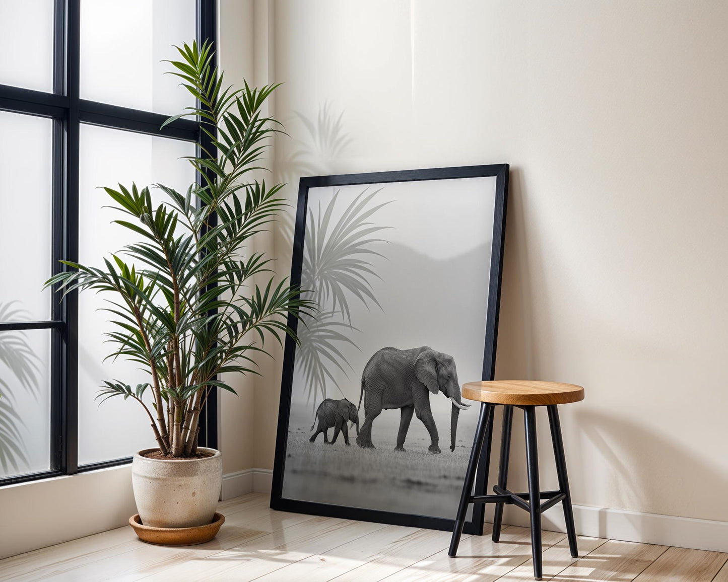 Wildlife Poster | Elephant Calf Art Print • Black & White Safari Photography wall art print, minimalist black and white poster, modern Scandinavian wall decor, Monohaus