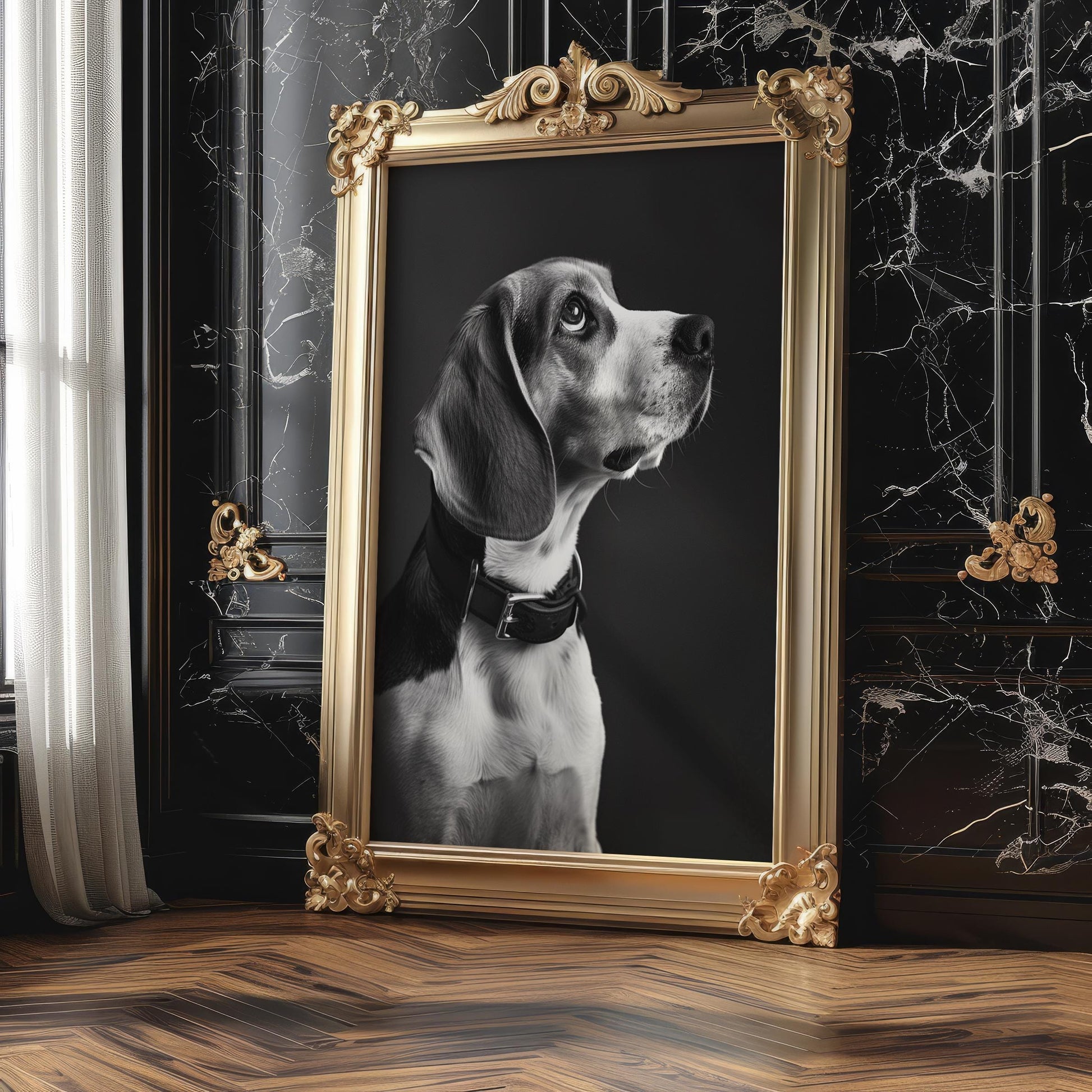 Dog Photography Beagle Portrait Print | Regal Black and White Pet Art wall art print, minimalist black and white poster, modern Scandinavian wall decor, Monohaus