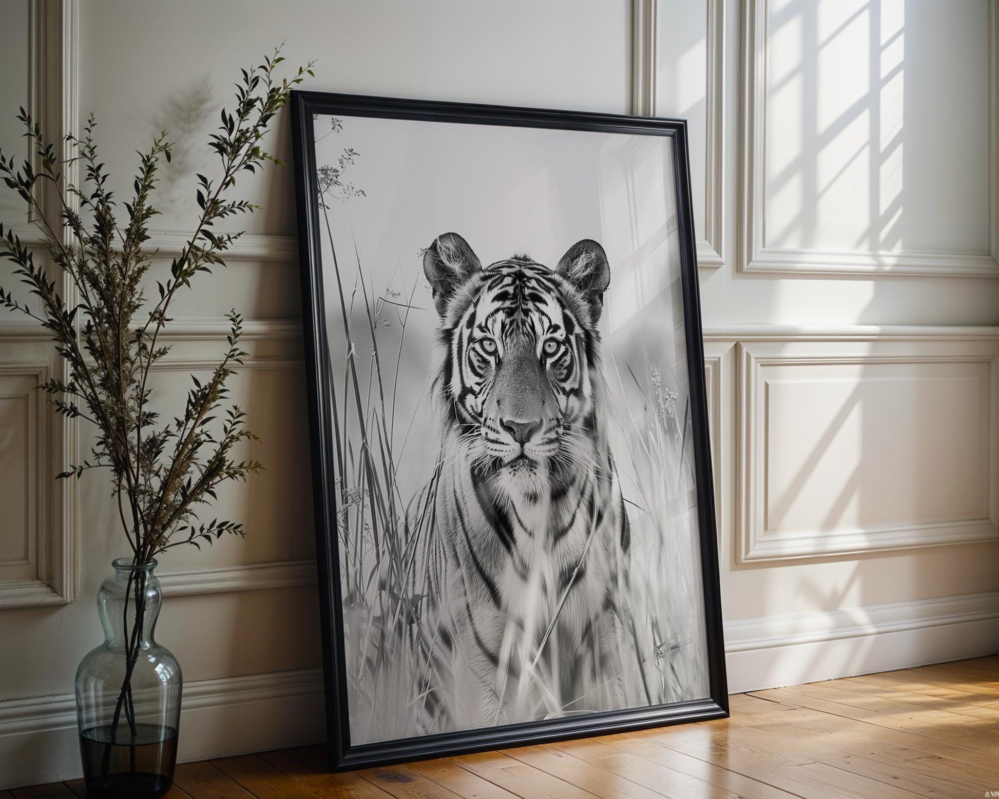 Wildlife Poster | Tiger in Tall Grass Fine Art Print • Minimalist Black & White Photography wall art print, minimalist black and white poster, modern Scandinavian wall decor, Monohaus