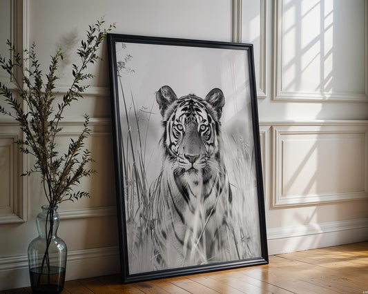 Wildlife Poster | Tiger in Tall Grass Fine Art Print • Minimalist Black & White Photography wall art print, minimalist black and white poster, modern Scandinavian wall decor, Monohaus