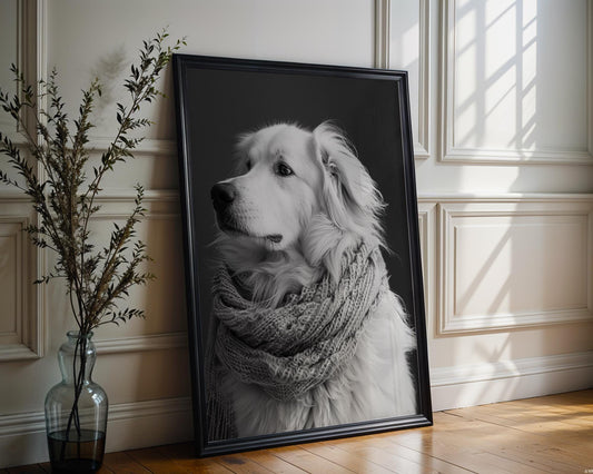 Dog Photography Pet Poster Print | Golden Retriever in Scarf, Minimalist Home Decor wall art print, minimalist black and white poster, modern Scandinavian wall decor, Monohaus