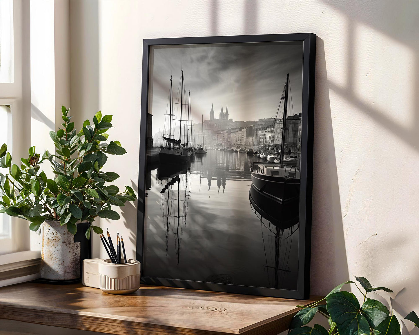 World Landmark | Marseille Old Port Print | Black and White France Photography wall art print, minimalist black and white poster, modern Scandinavian wall decor, Monohaus